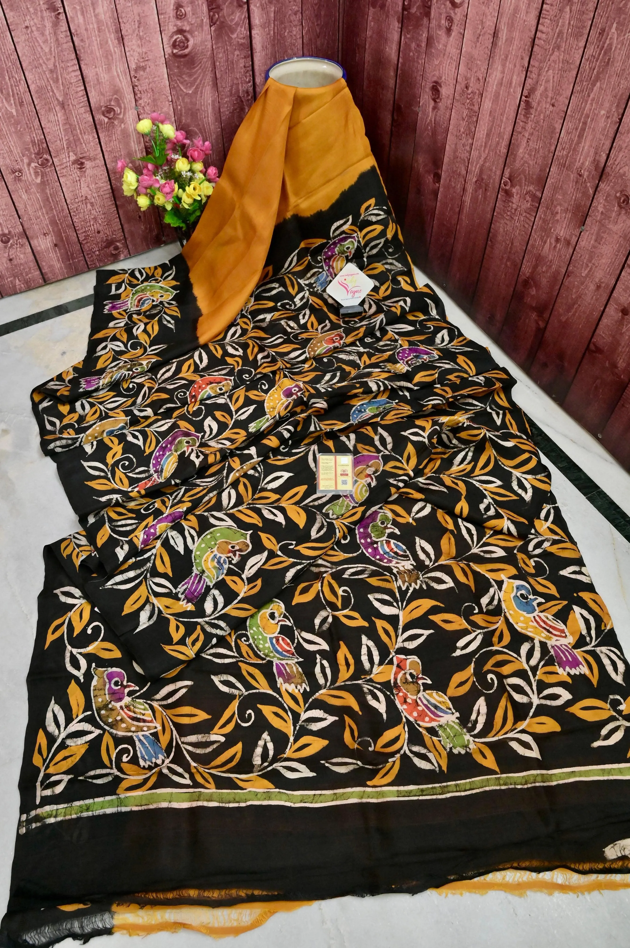 Mustard Yellow and Black Color Bishnupur Silk Saree with Hand Batik