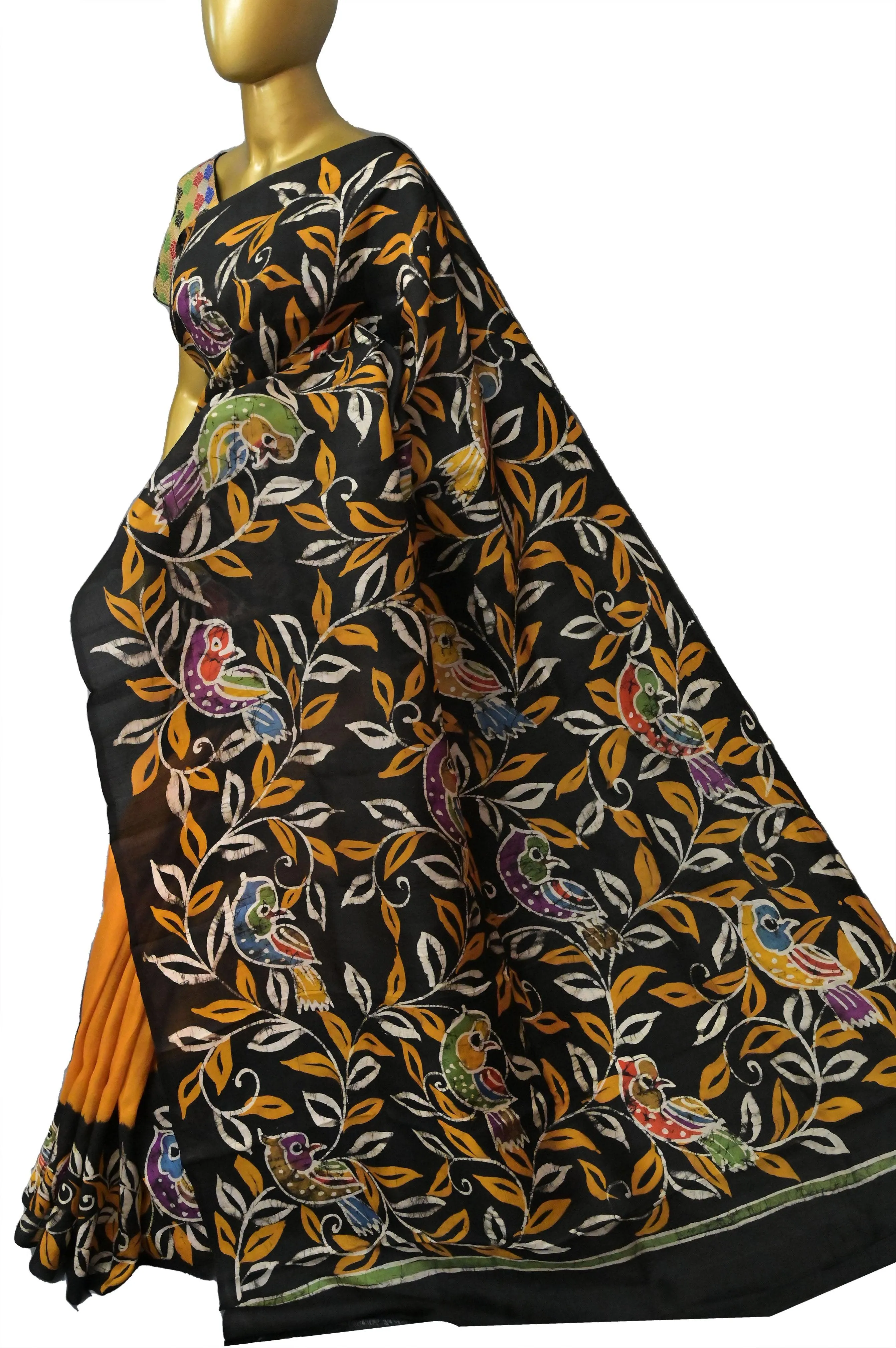 Mustard Yellow and Black Color Bishnupur Silk Saree with Hand Batik