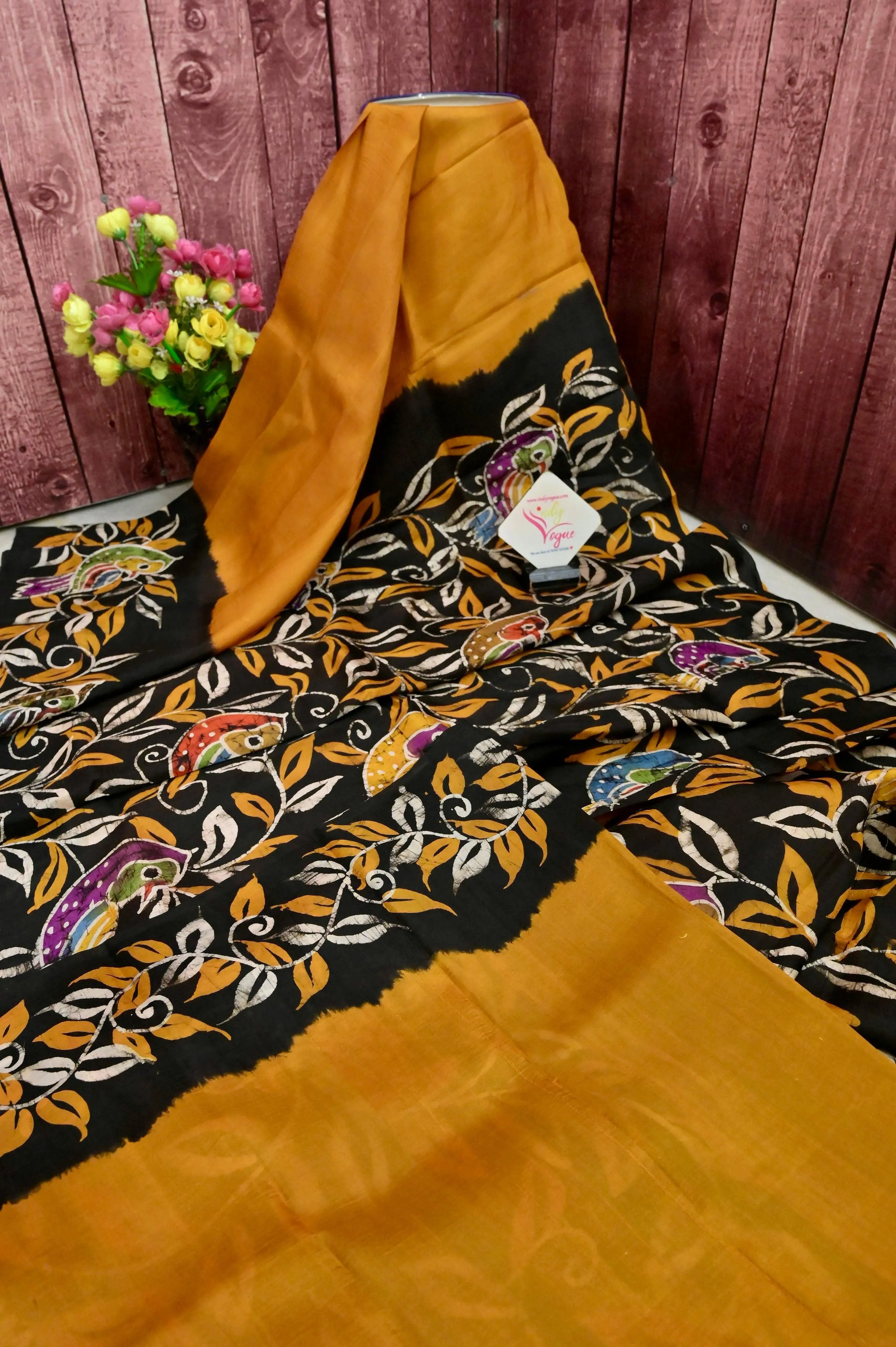 Mustard Yellow and Black Color Bishnupur Silk Saree with Hand Batik