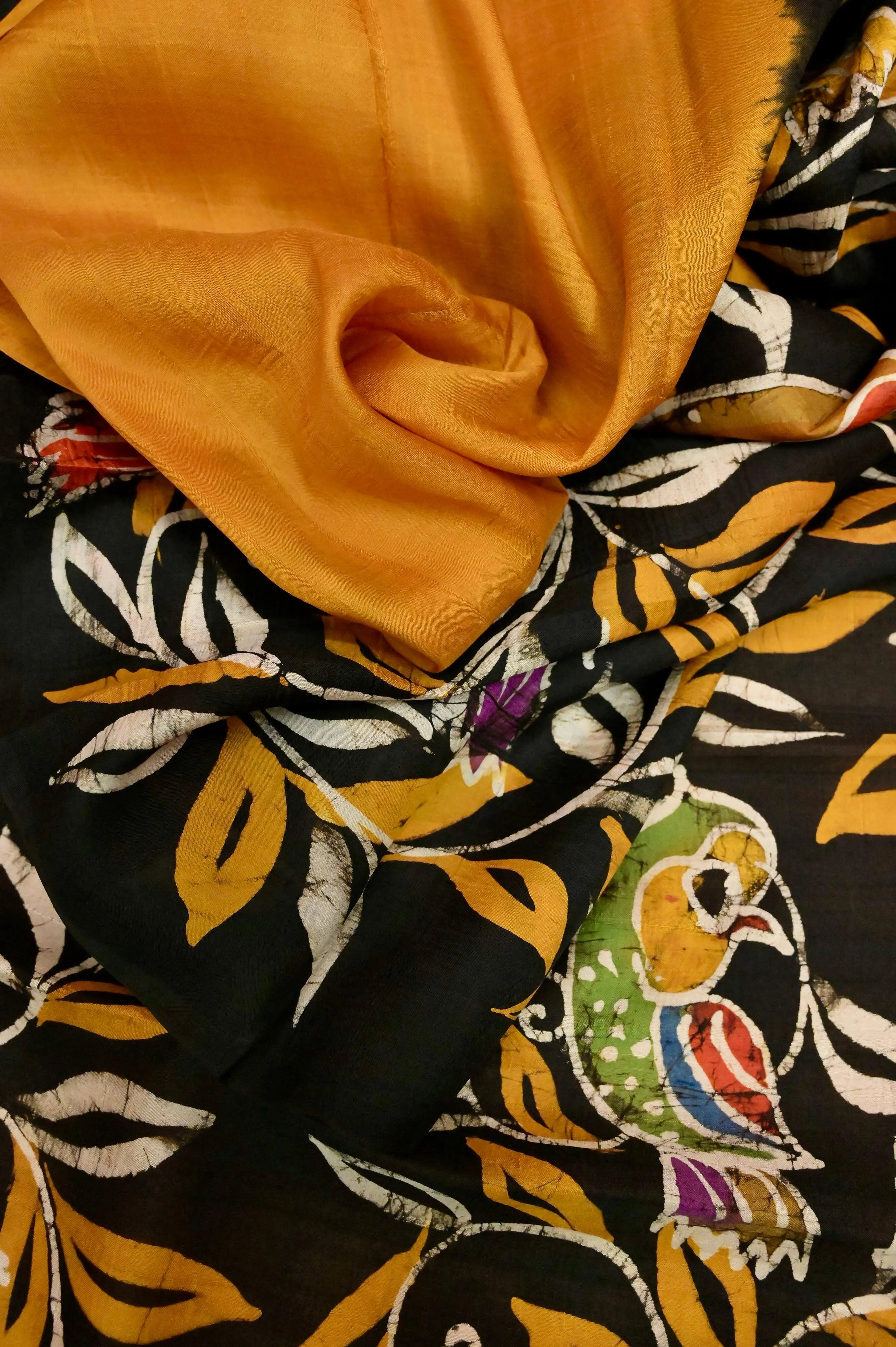 Mustard Yellow and Black Color Bishnupur Silk Saree with Hand Batik