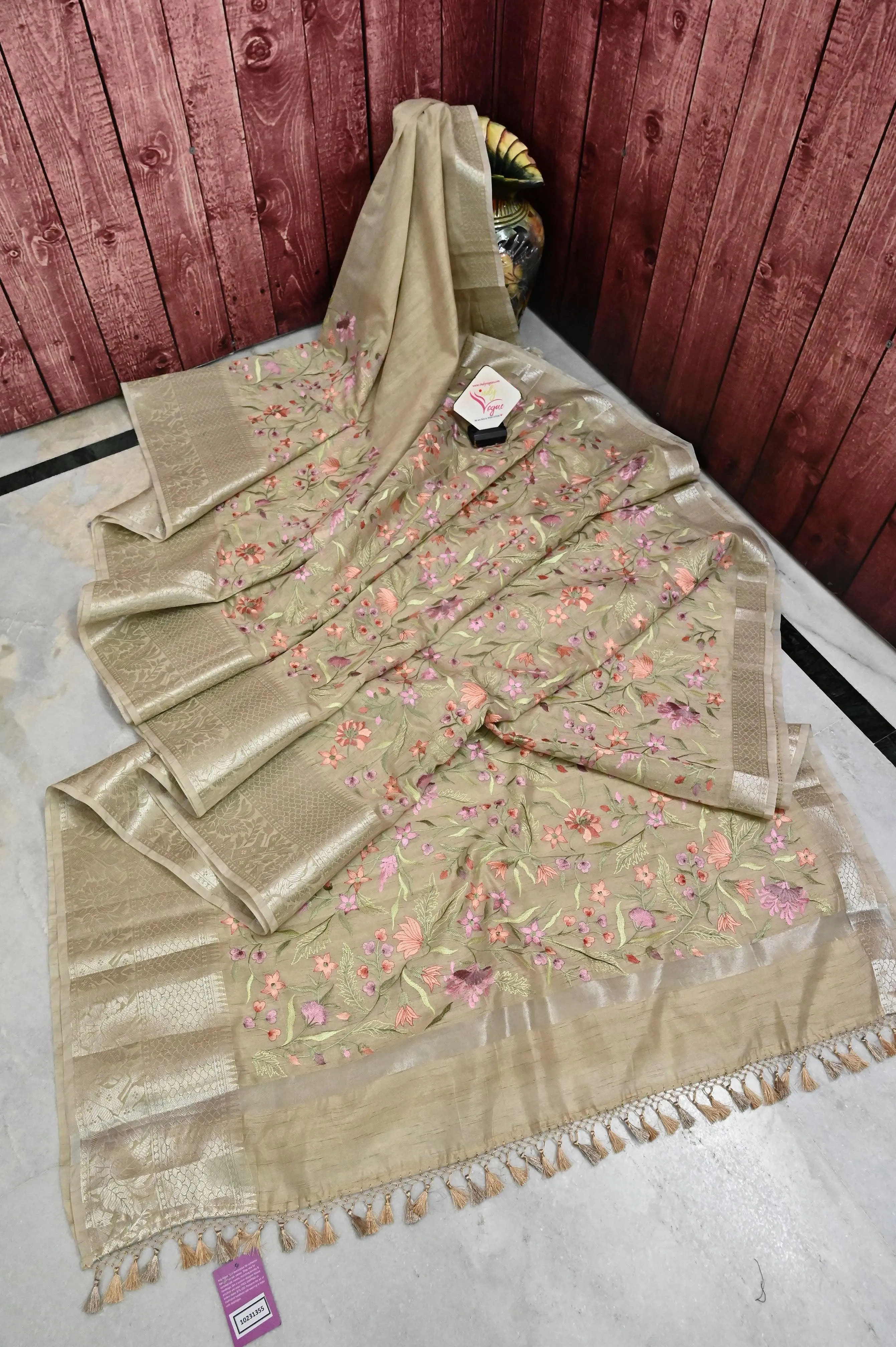 Natural Sandal Color Tussar with Allover Embroidery Work