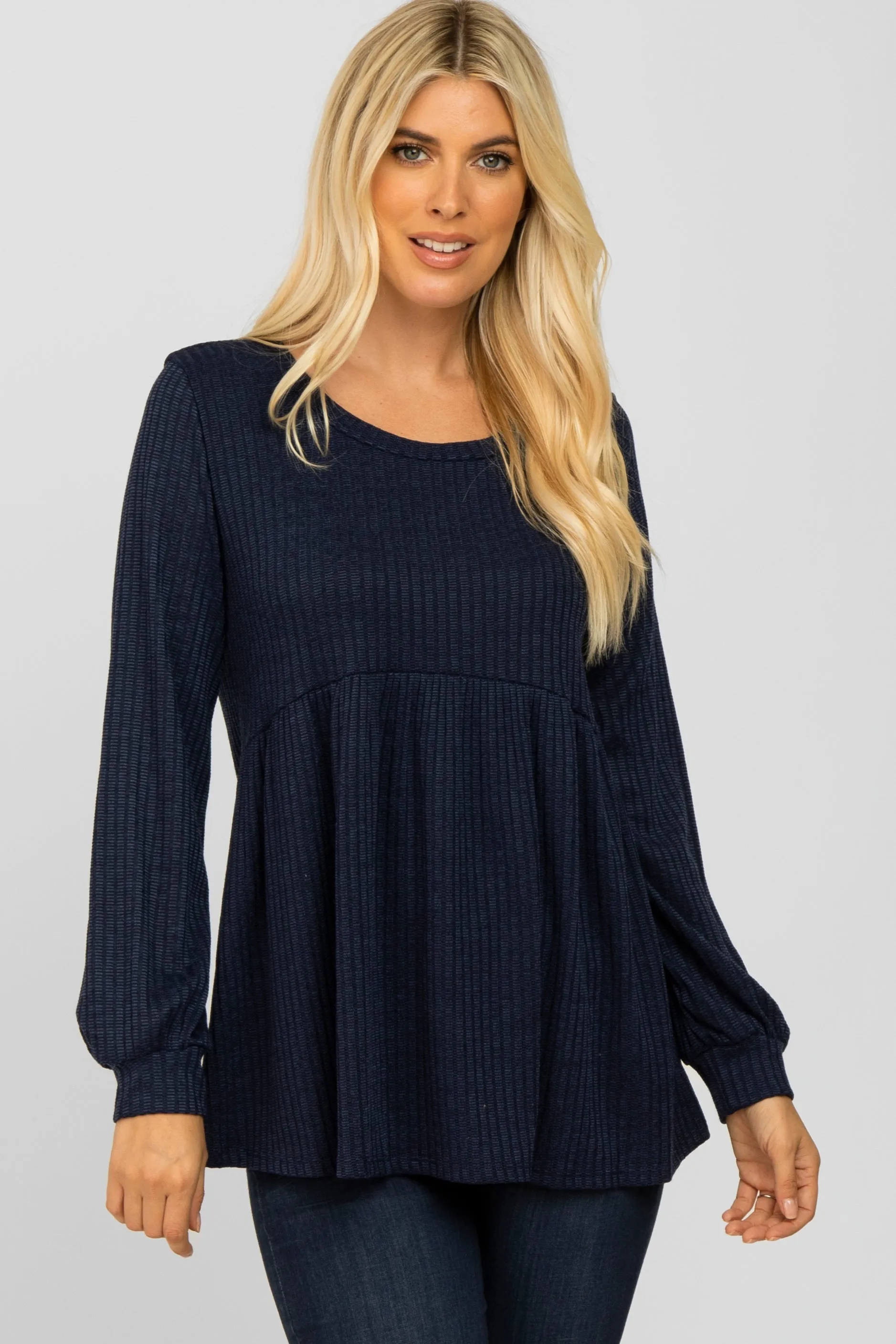 Navy Textured Knit Babydoll Long Sleeve Maternity Top