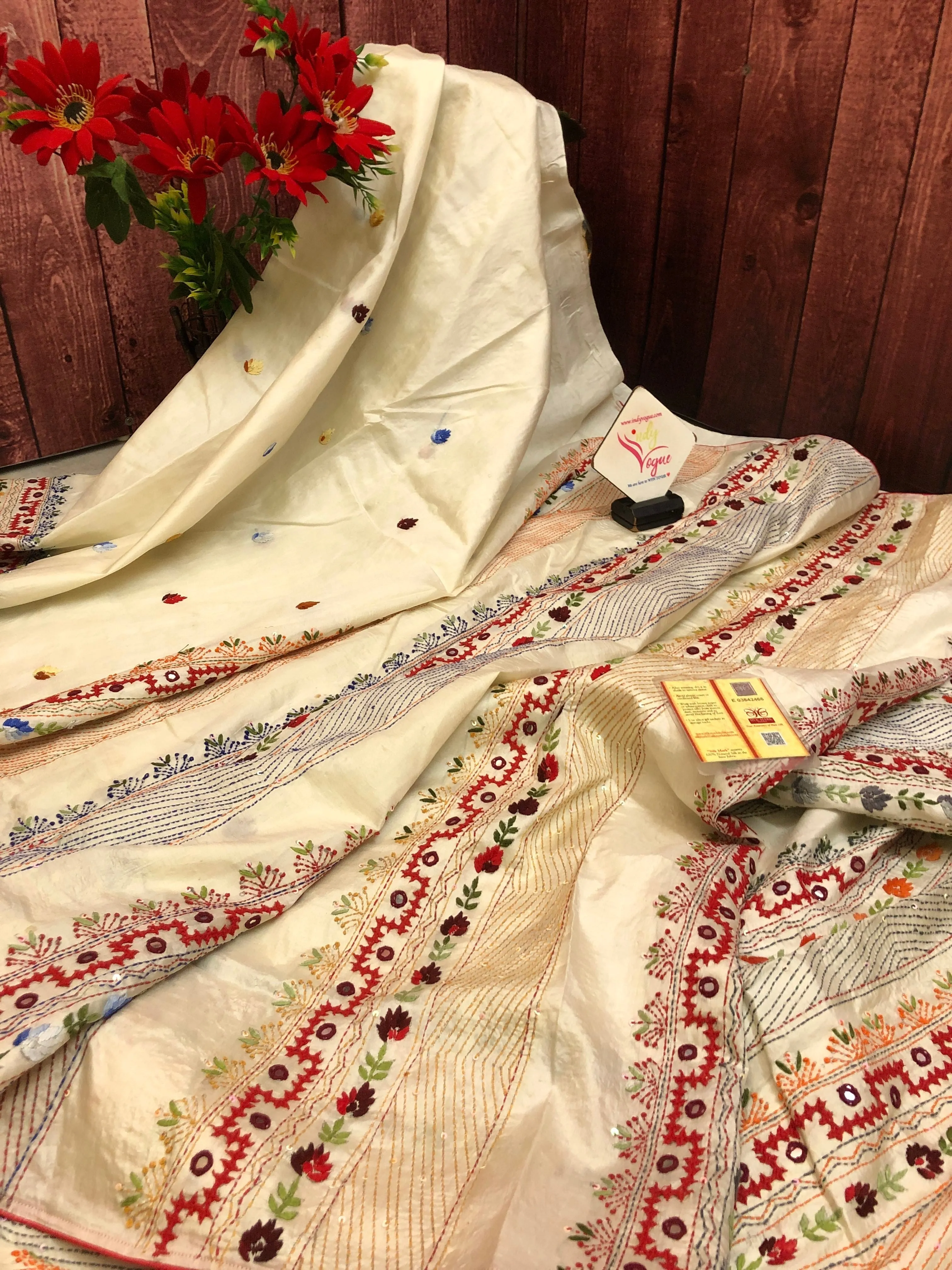 Offwhite Color Pure Bangalore Silk Saree with Kantha Stitch and Lambani Work