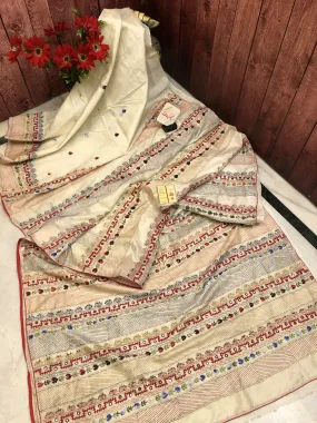 Offwhite Color Pure Bangalore Silk Saree with Kantha Stitch and Lambani Work