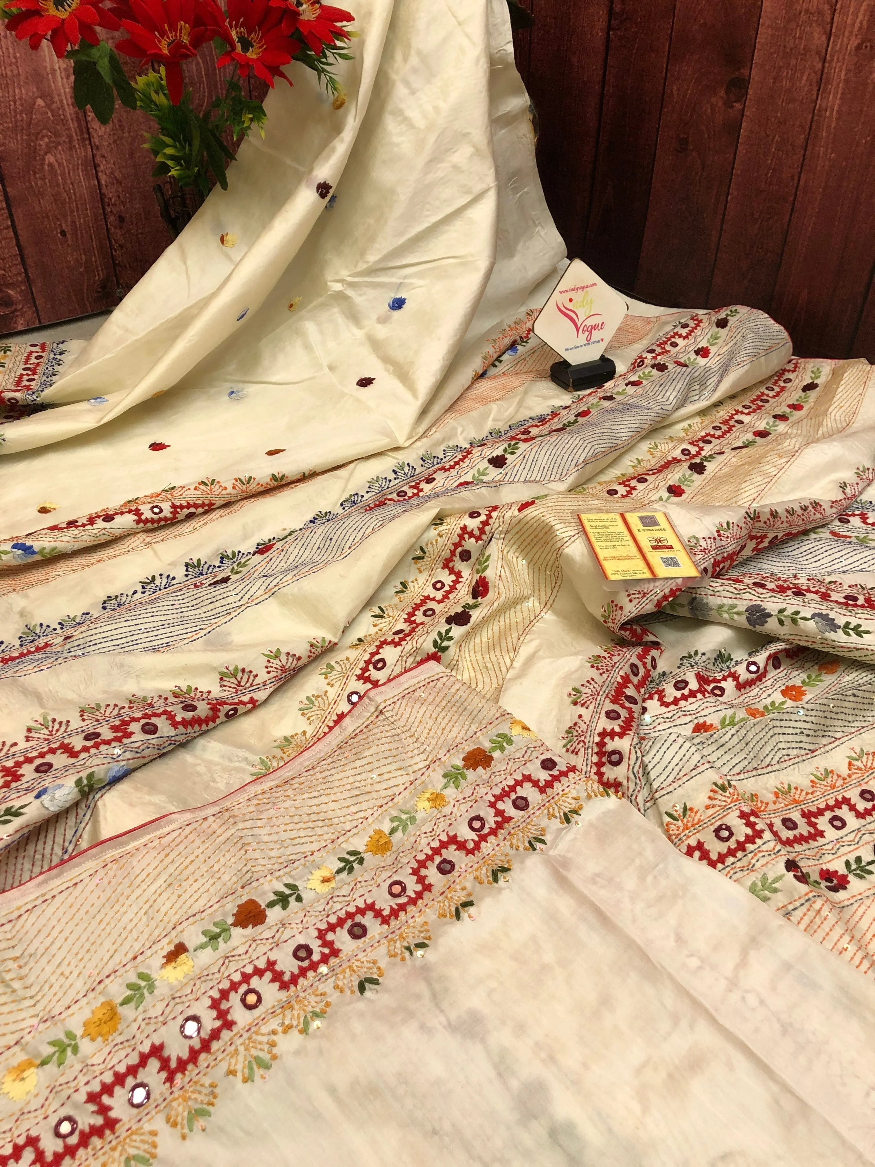 Offwhite Color Pure Bangalore Silk Saree with Kantha Stitch and Lambani Work