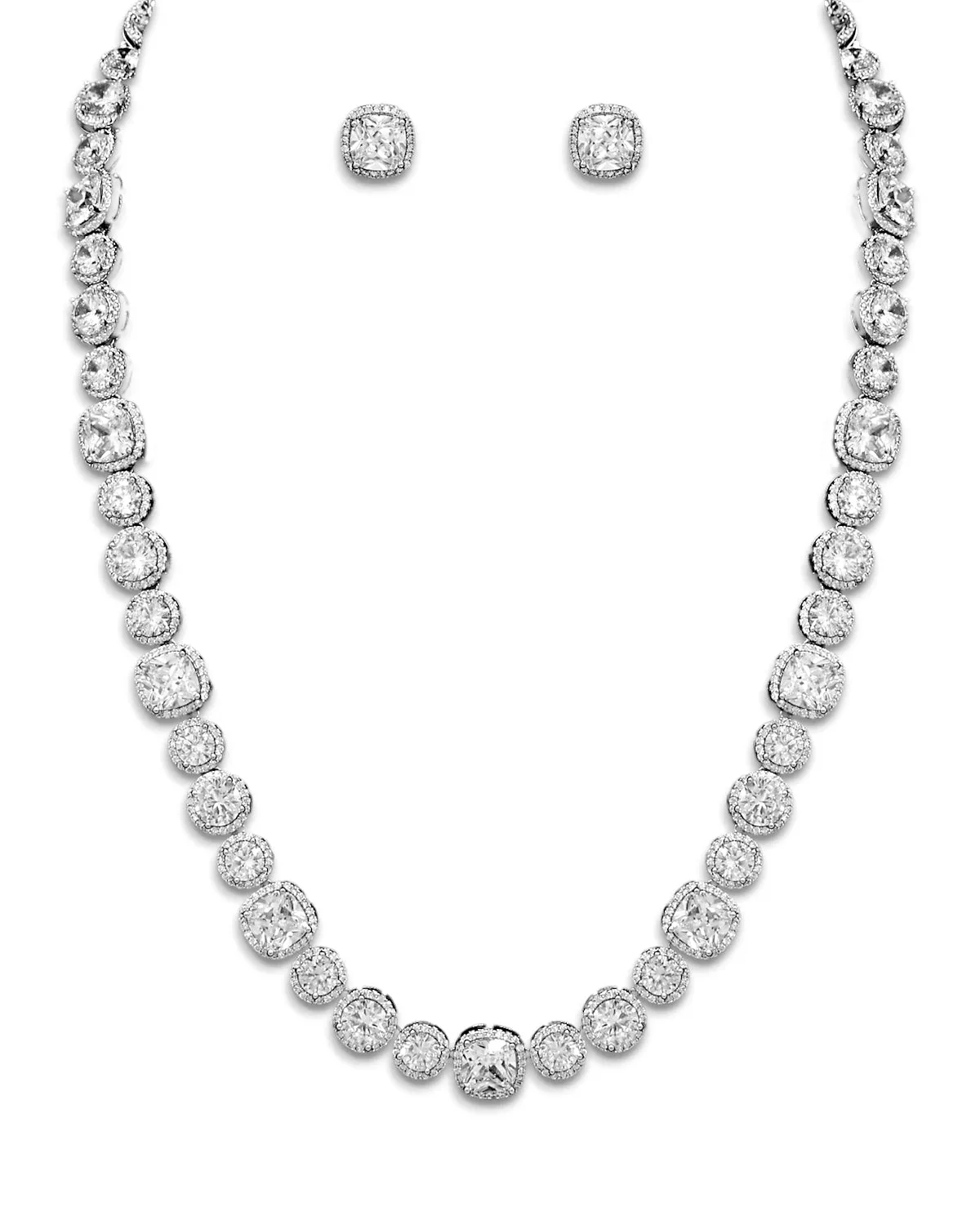 Pave Princess and Round CZ Wedding Necklace Set