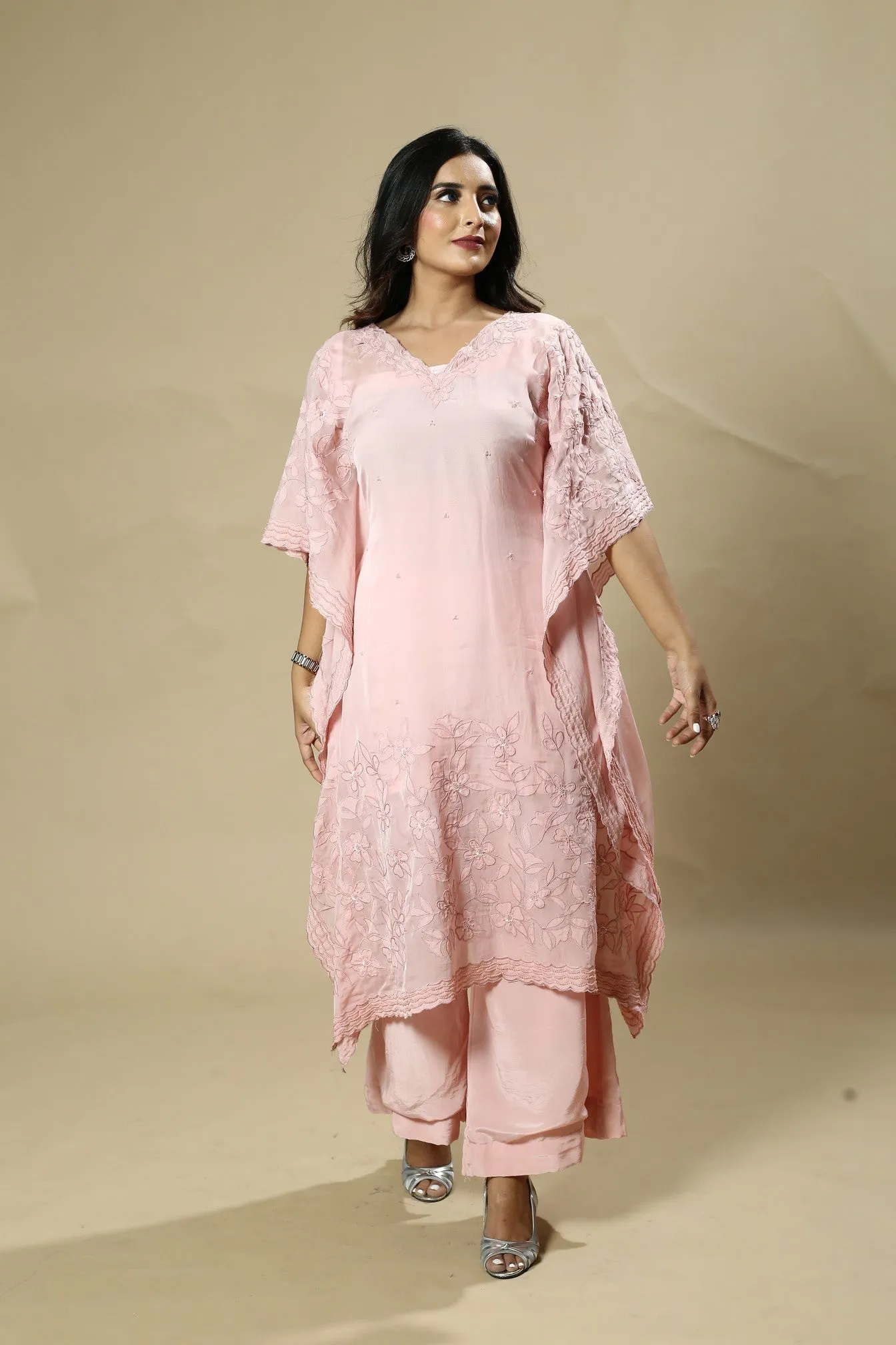 Pink Georgette Organza Handcrafted Pearl and Applique Kaftan Set.