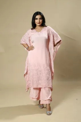 Pink Georgette Organza Handcrafted Pearl and Applique Kaftan Set.