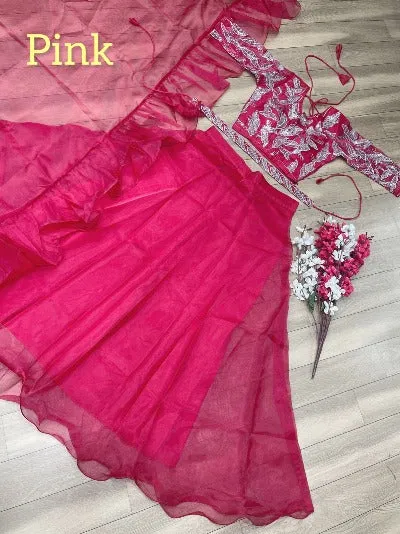 Pink Organza Embroidered Sequence Readymade Lehenga Choli Set