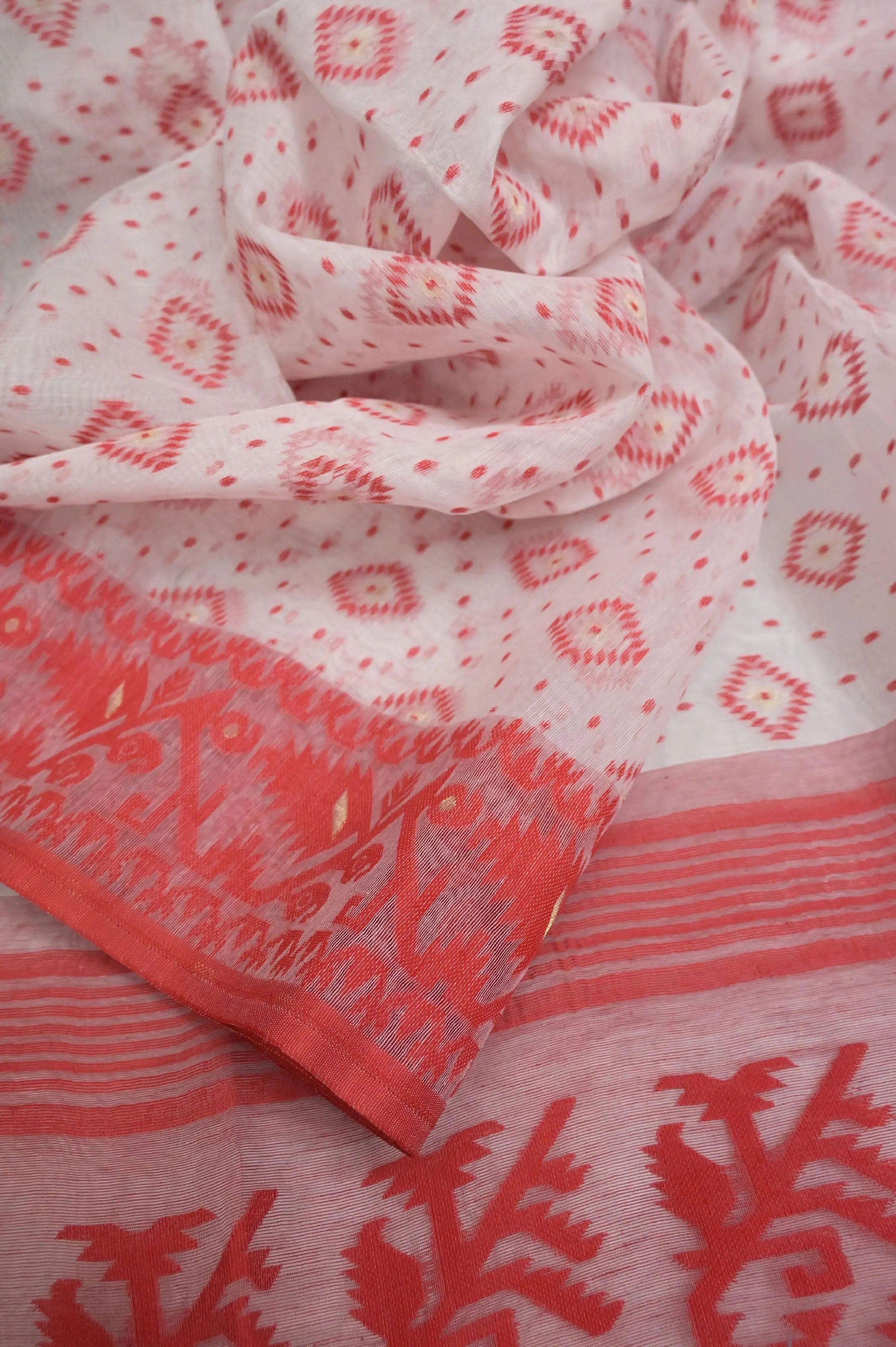 Powder White and Red Color Jamdani Saree