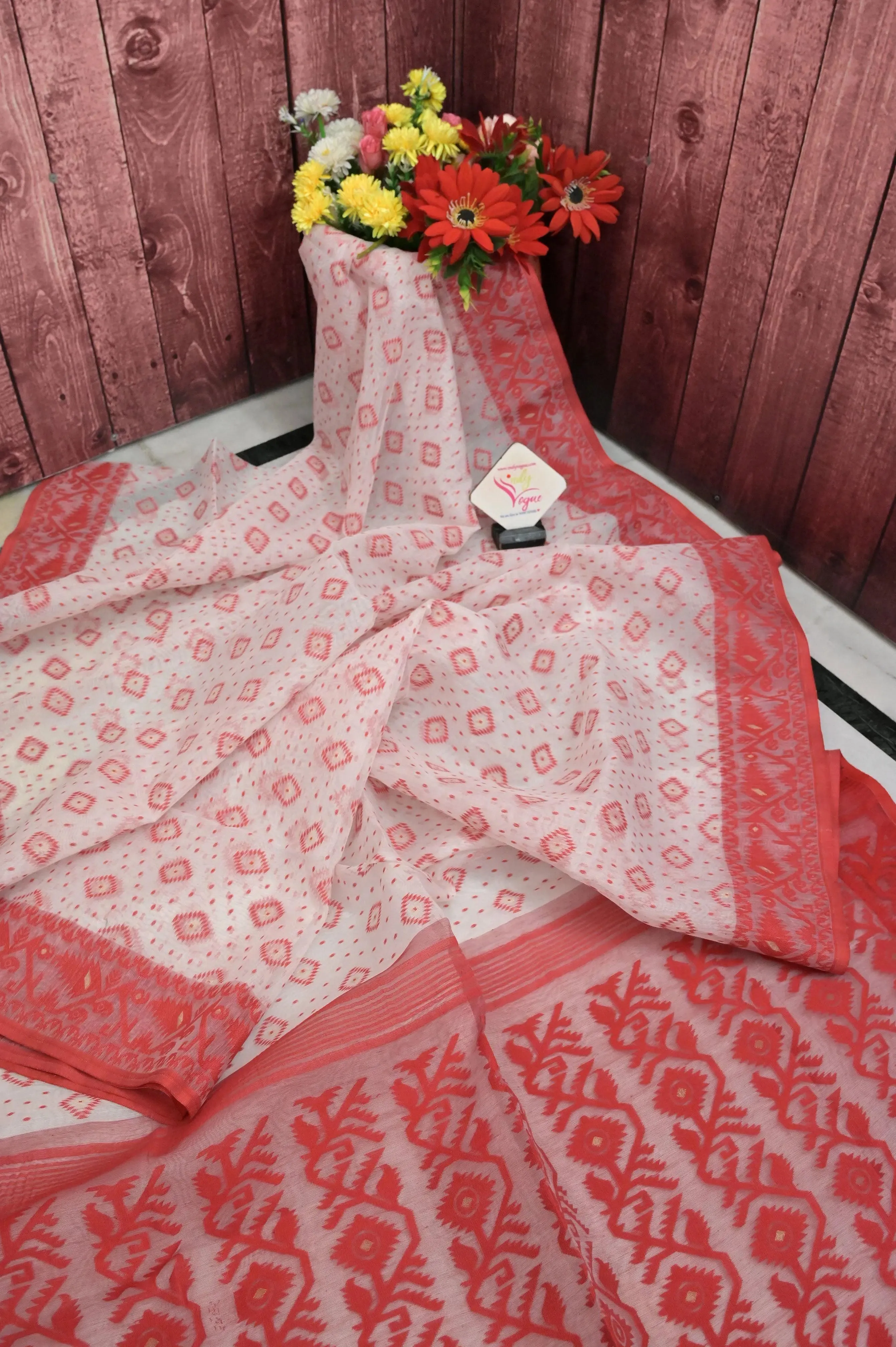 Powder White and Red Color Jamdani Saree