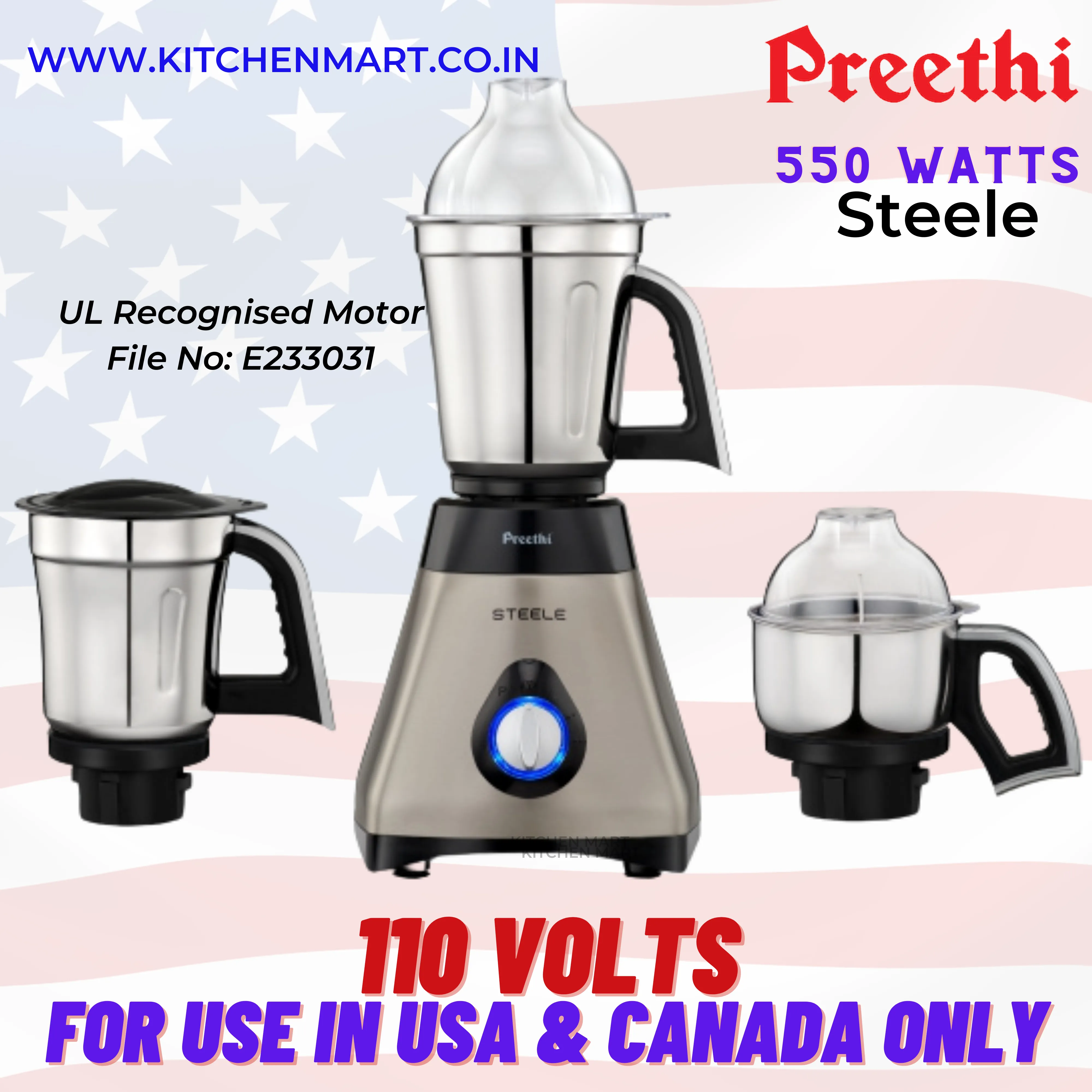 Preethi Steele MG 206 110 V, 550-Watt Mixer Grinder (Silver/Black), 110 volts for use in USA and Canada only