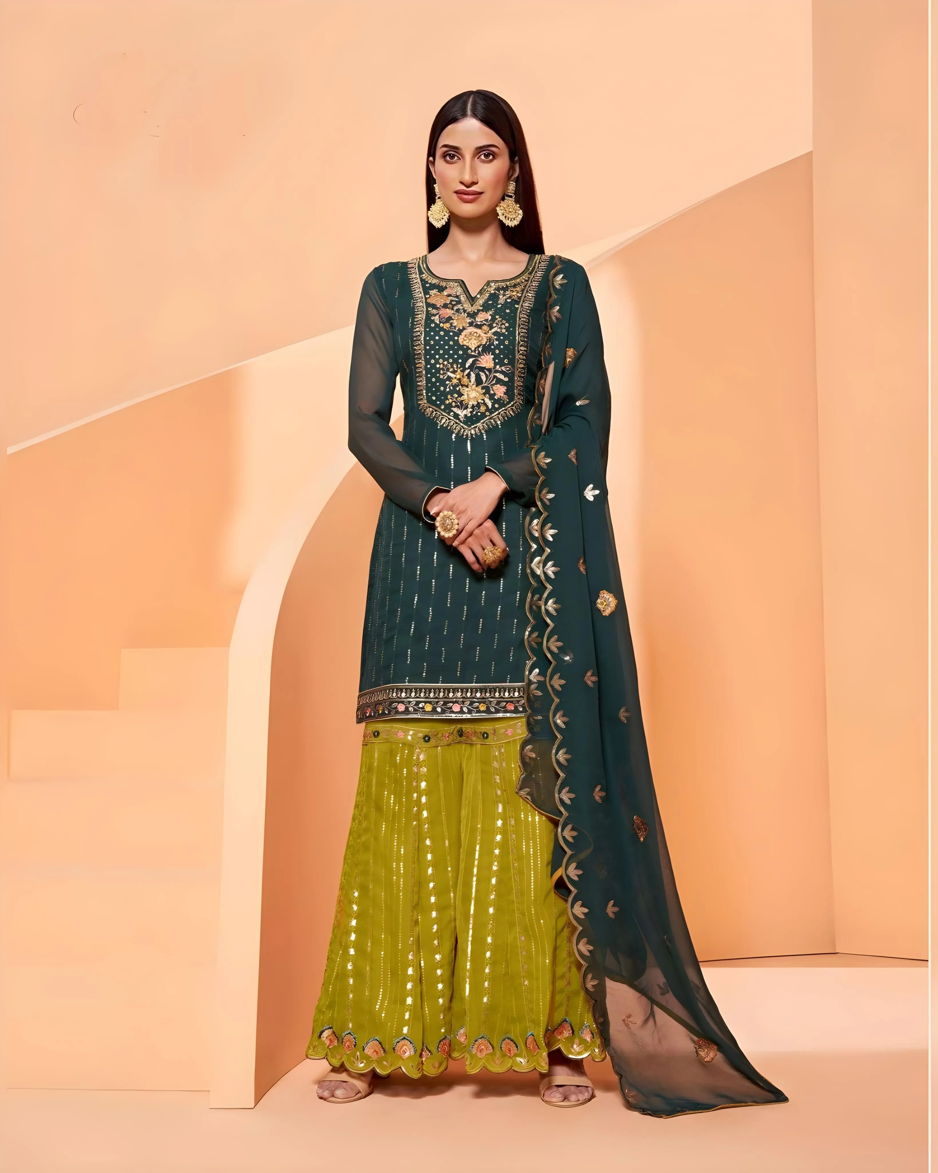 Pure Georgette Embroidered Sharara Suits Plus