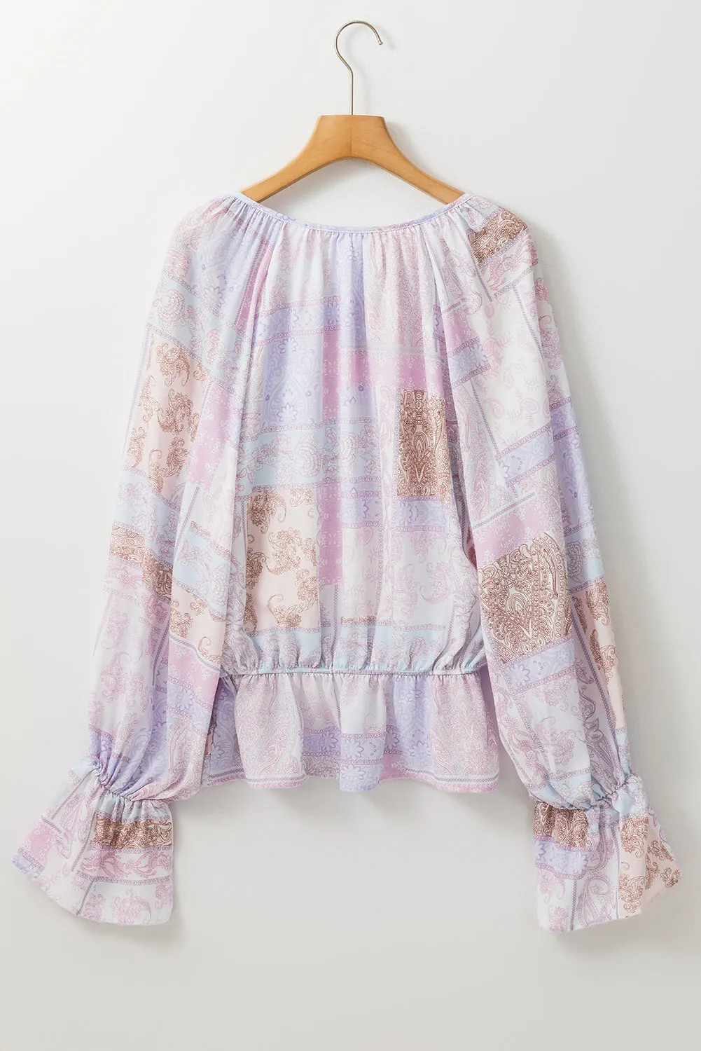 Purple Mixed Print Split Neck Ruffle Bubble Sleeve Blouse