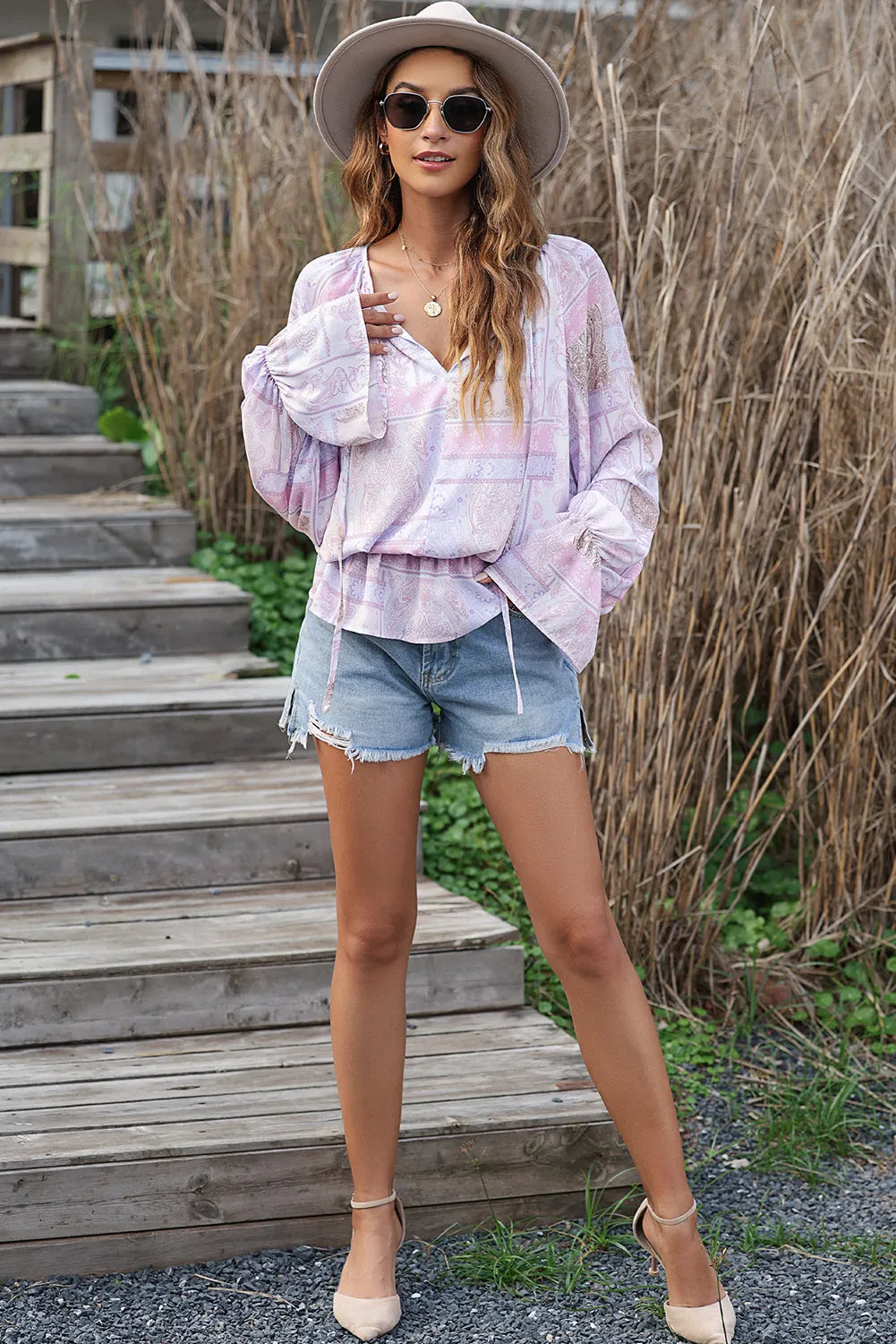 Purple Mixed Print Split Neck Ruffle Bubble Sleeve Blouse