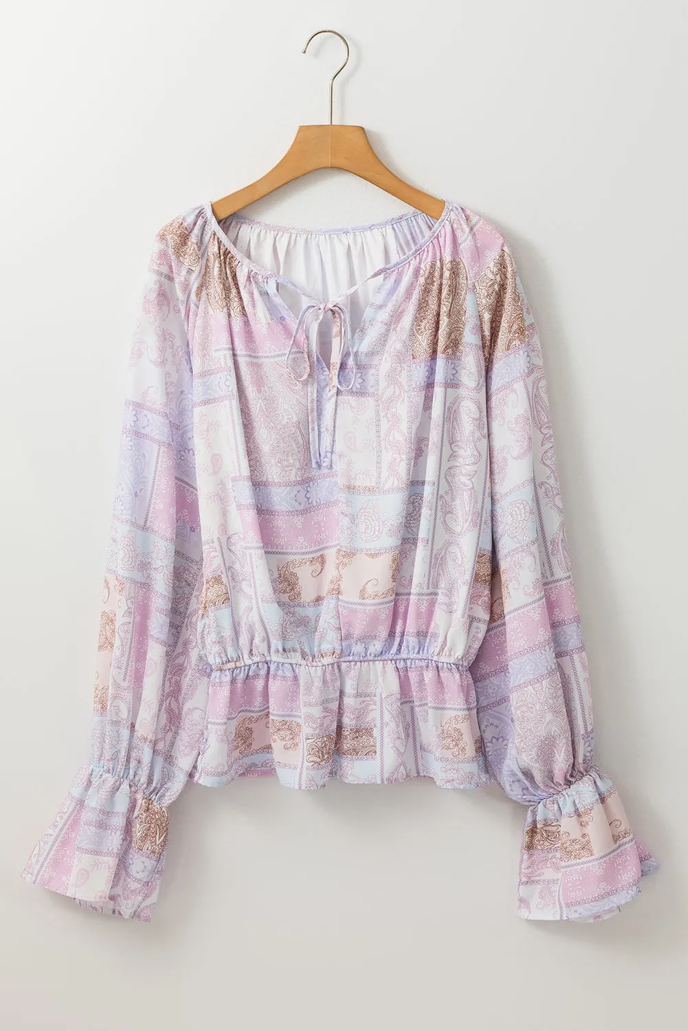 Purple Mixed Print Split Neck Ruffle Bubble Sleeve Blouse