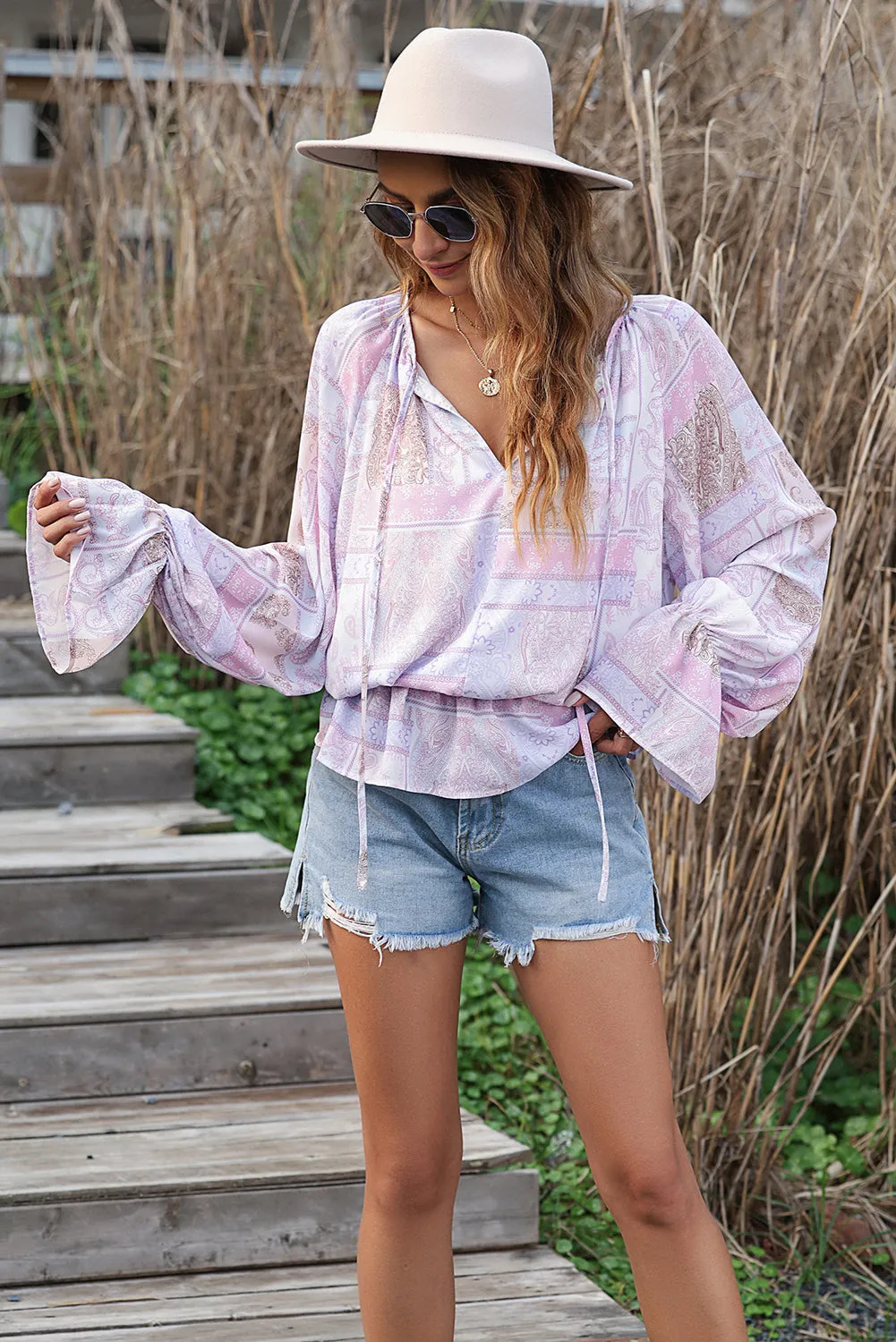 Purple Mixed Print Split Neck Ruffle Bubble Sleeve Blouse