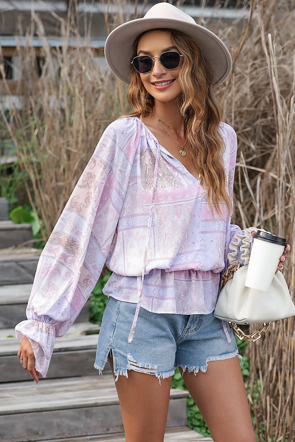 Purple Mixed Print Split Neck Ruffle Bubble Sleeve Blouse