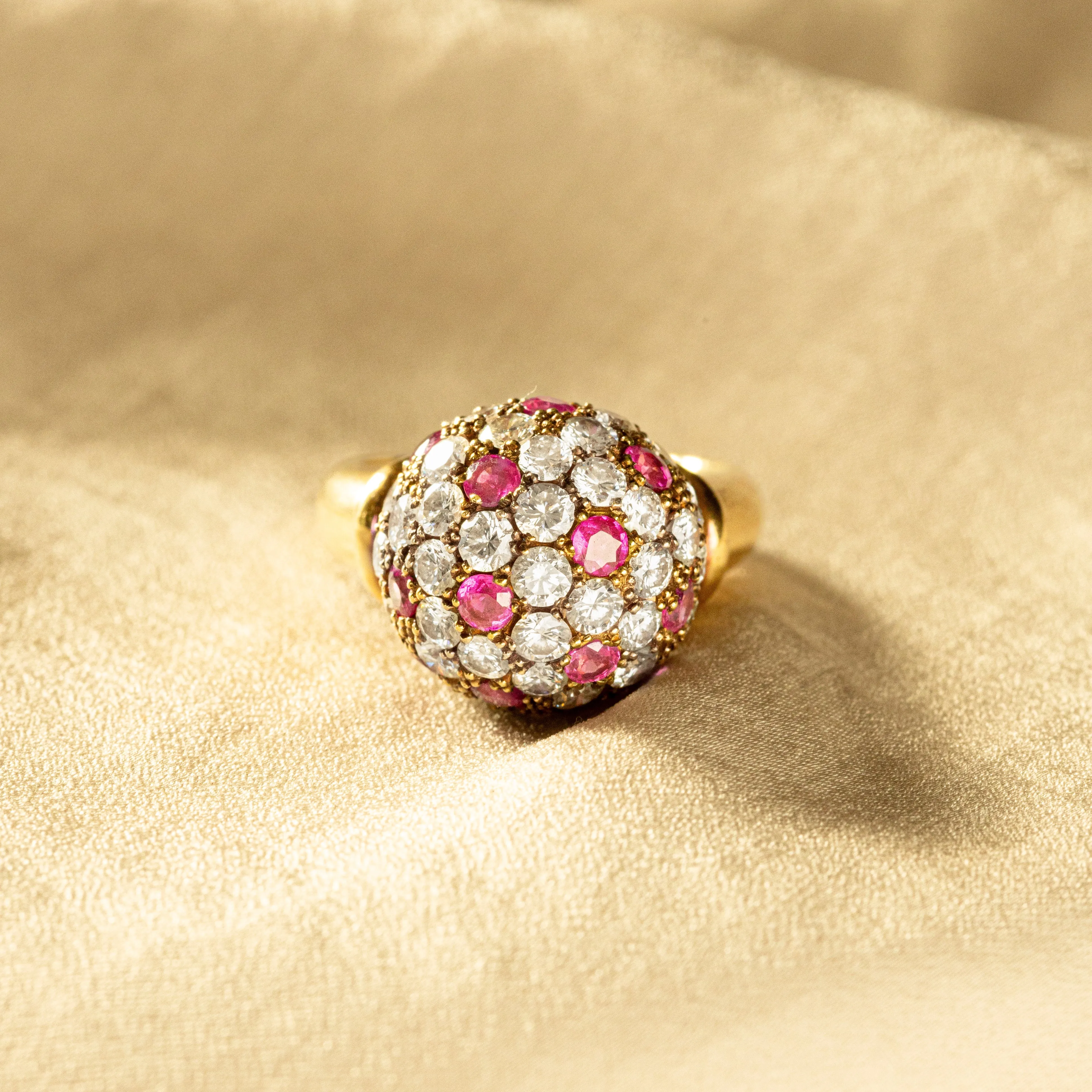 Retro 18K Gold Diamond Ruby Pave Ball Ring