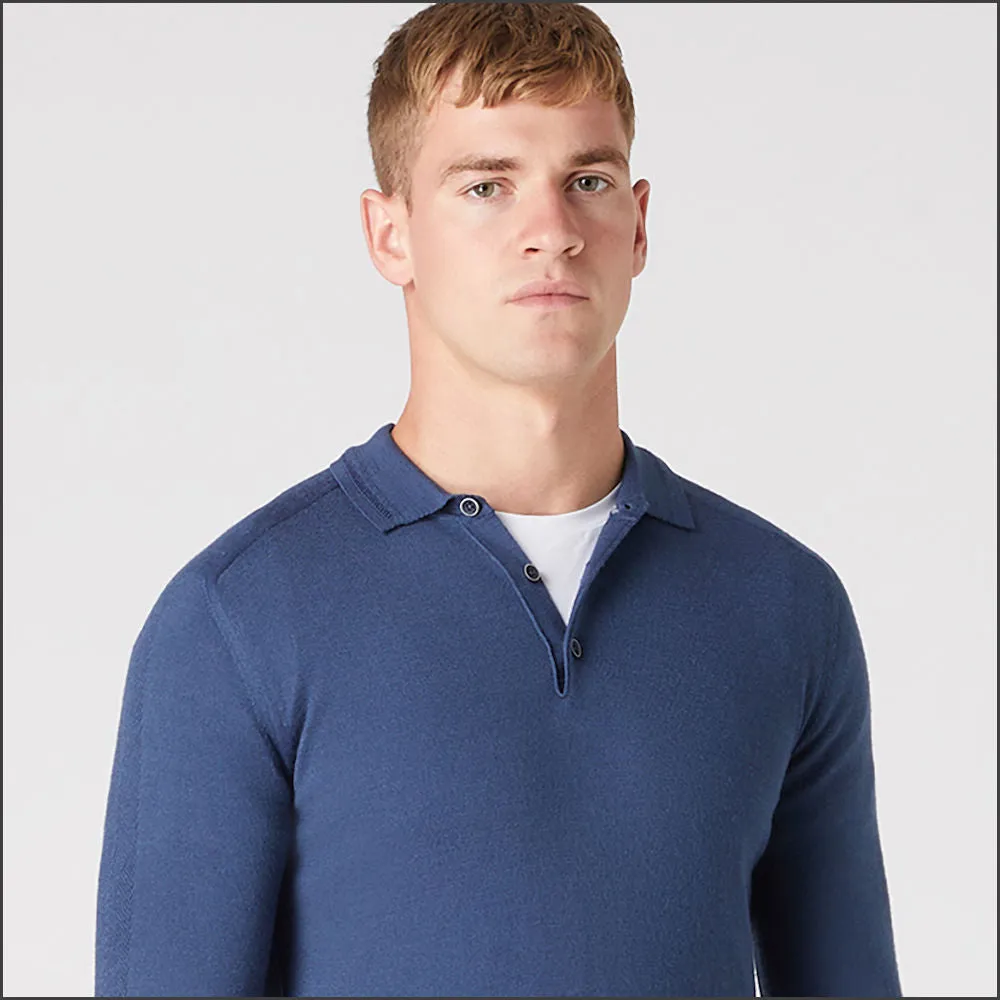 Reums Uomo Slim Fit Merino Wool-Blend Blue Polo^