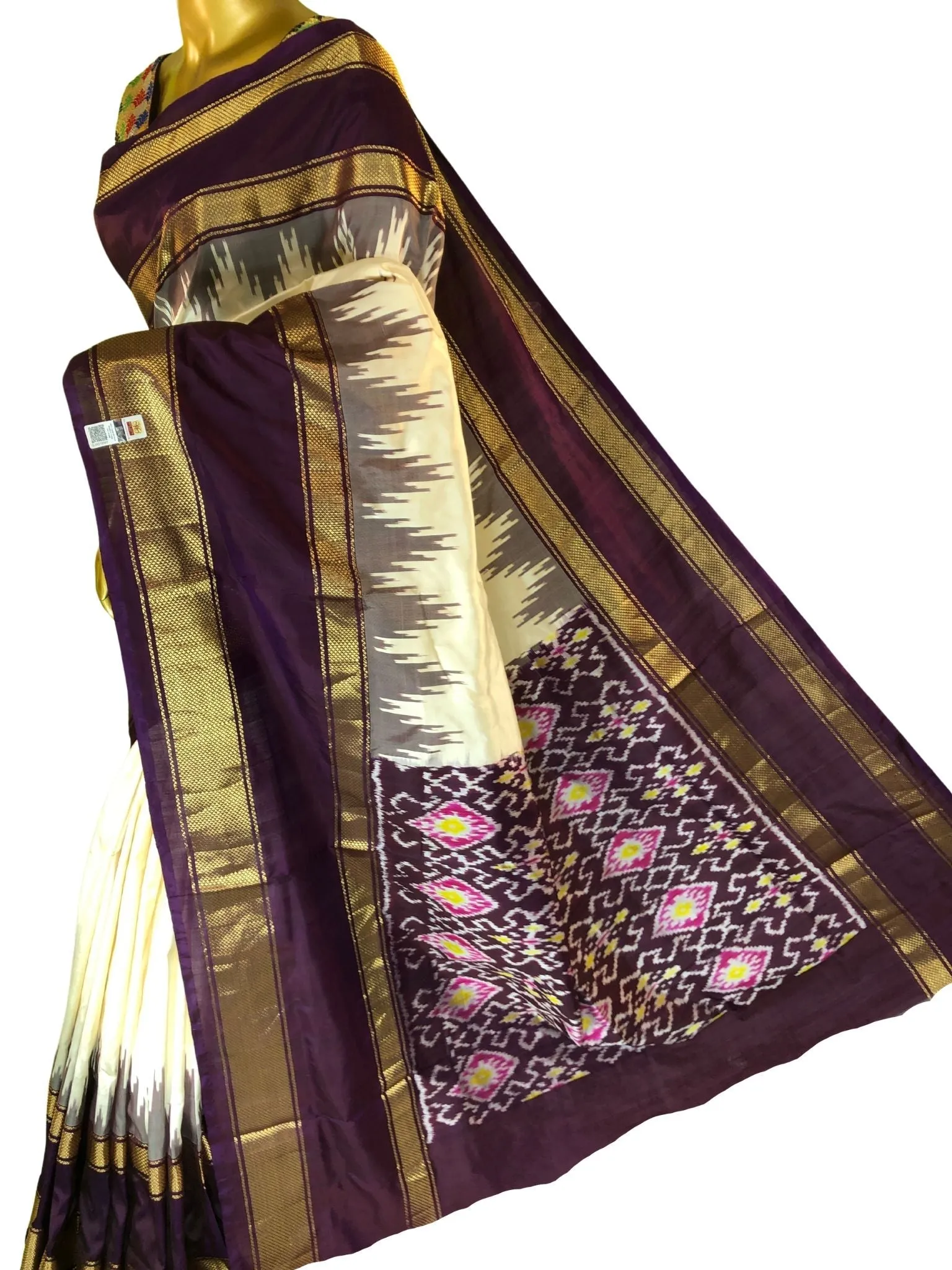 Rich Cream Color Pure Ikat Silk Saree