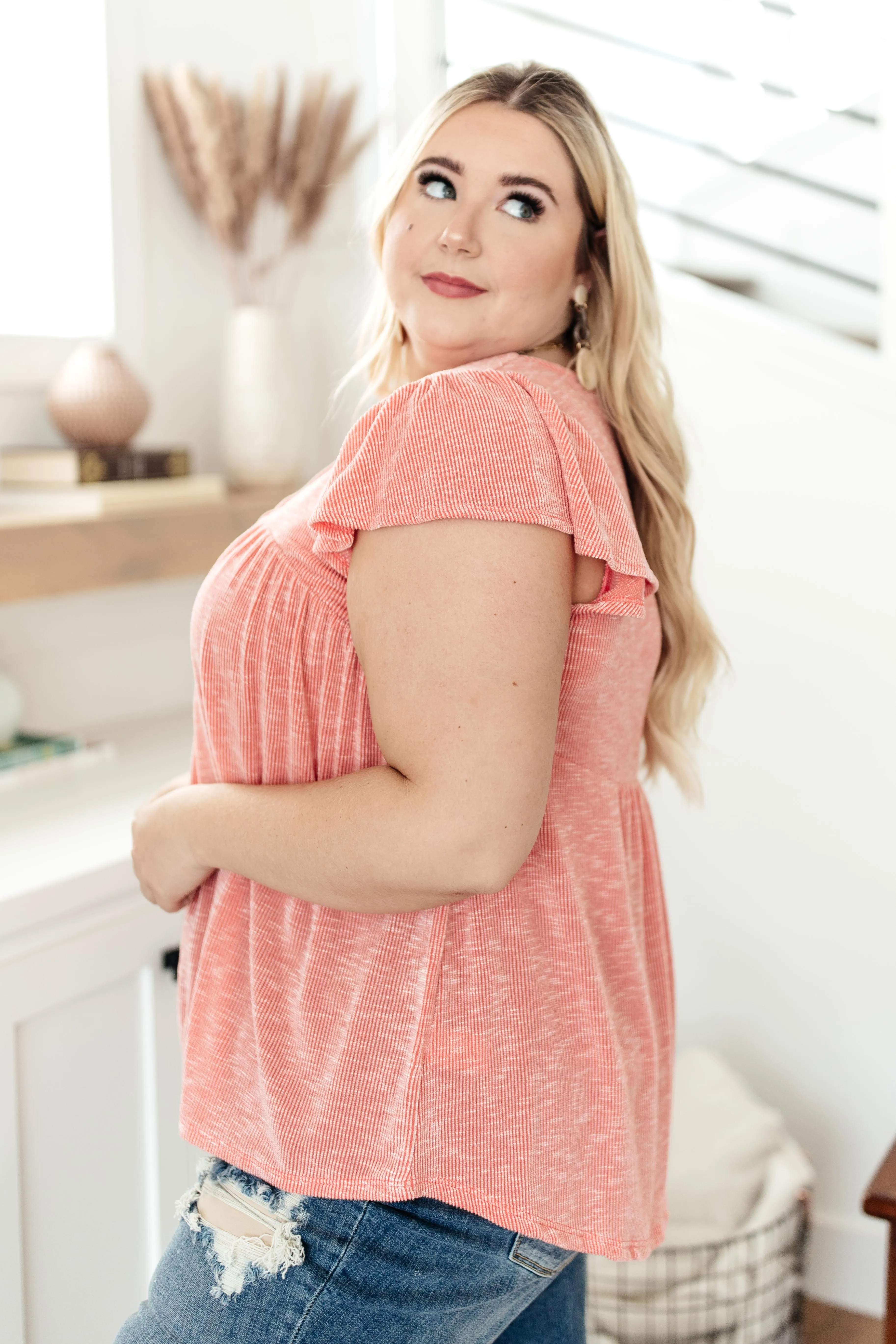 *Size S: Ribbed Flutter Sleeve Top in Coral