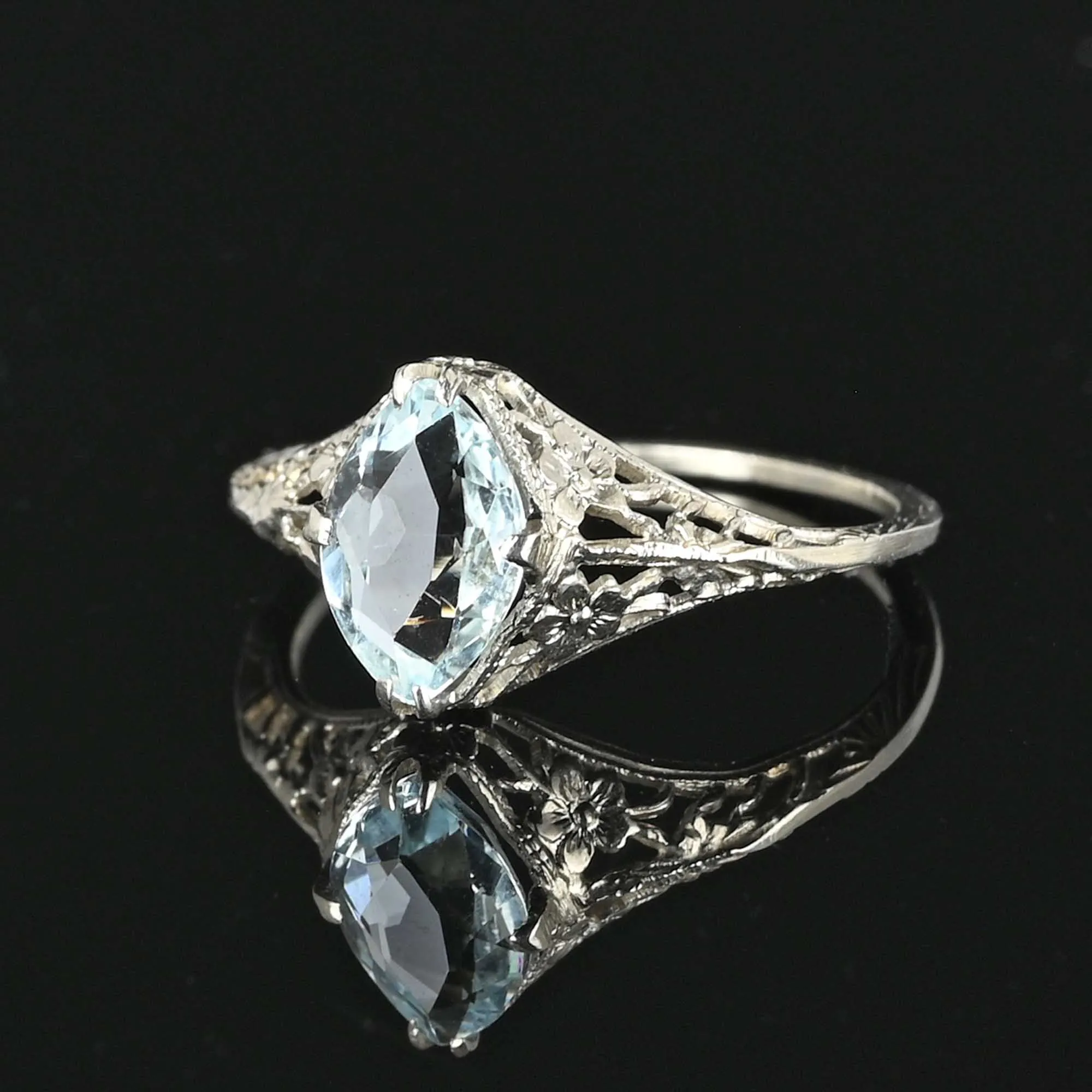 SOLD Marquise Aquamarine Ring, 14K White Gold Filigree