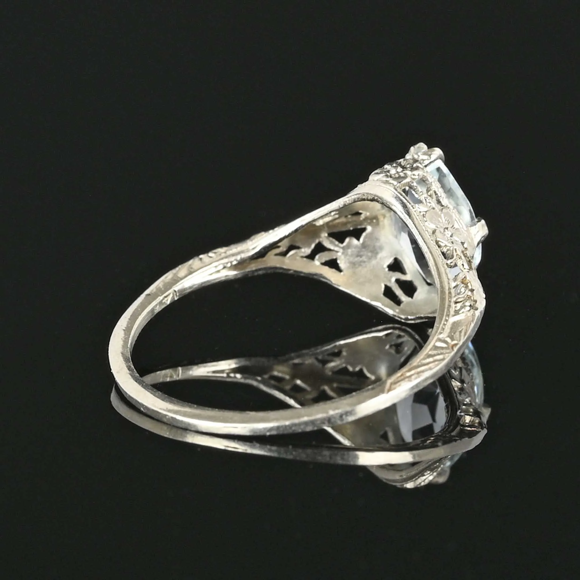 SOLD Marquise Aquamarine Ring, 14K White Gold Filigree