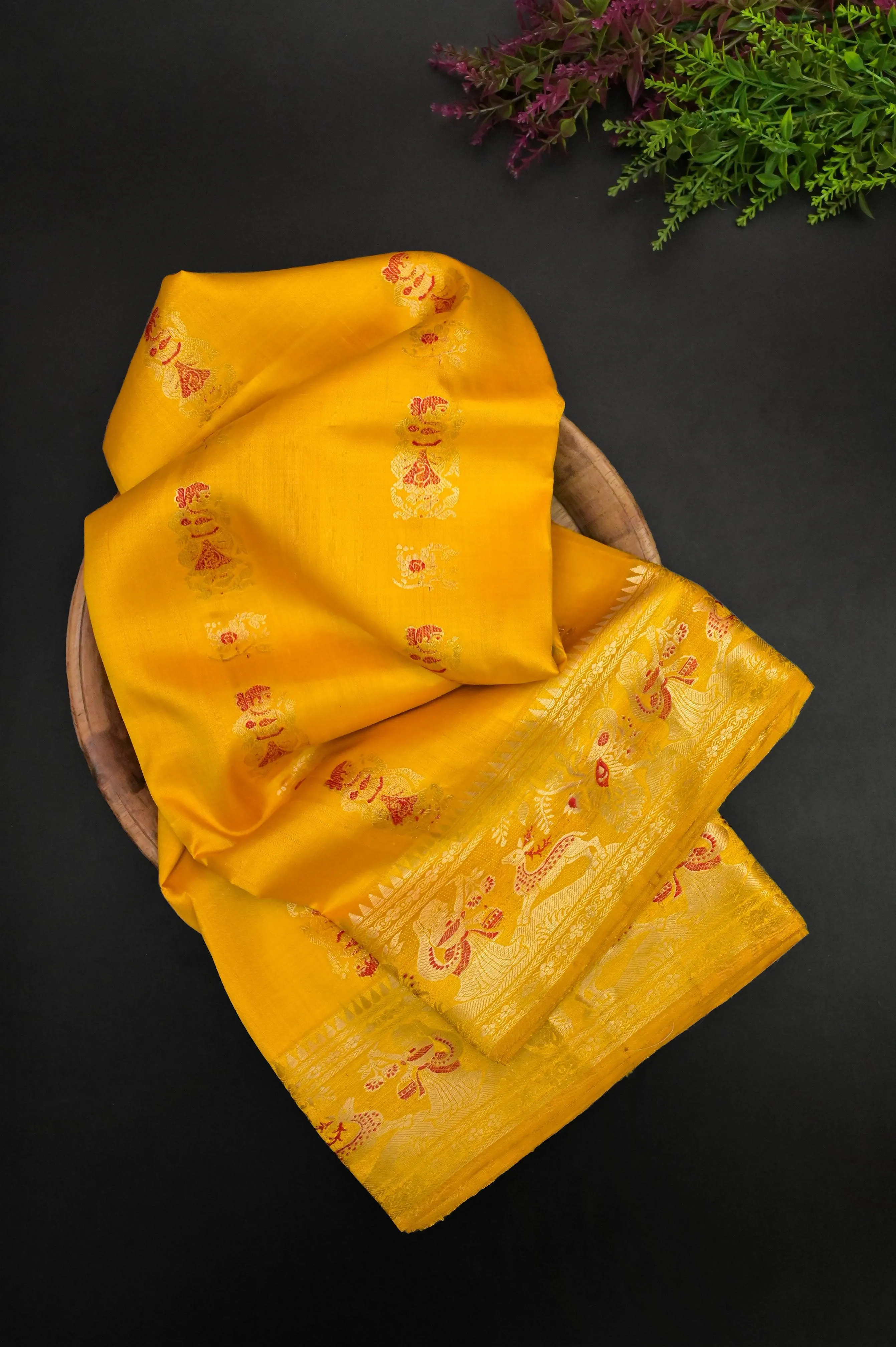 Sunflower Yellow Color Pure Baluchari Silk Saree with Meenkari Work