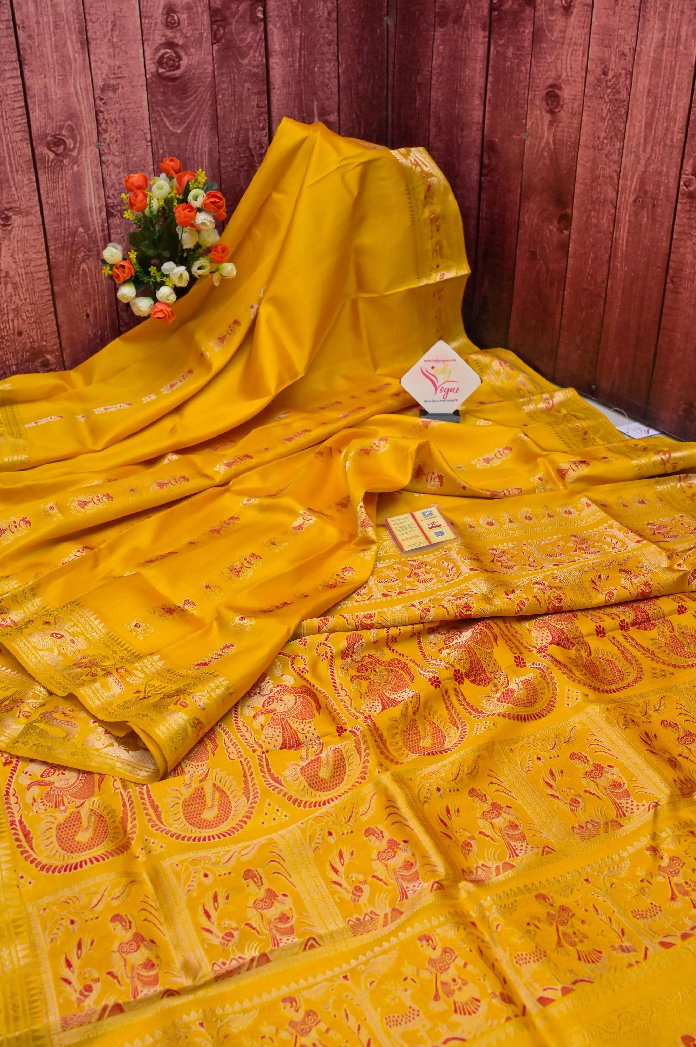 Sunflower Yellow Color Pure Baluchari Silk Saree with Meenkari Work