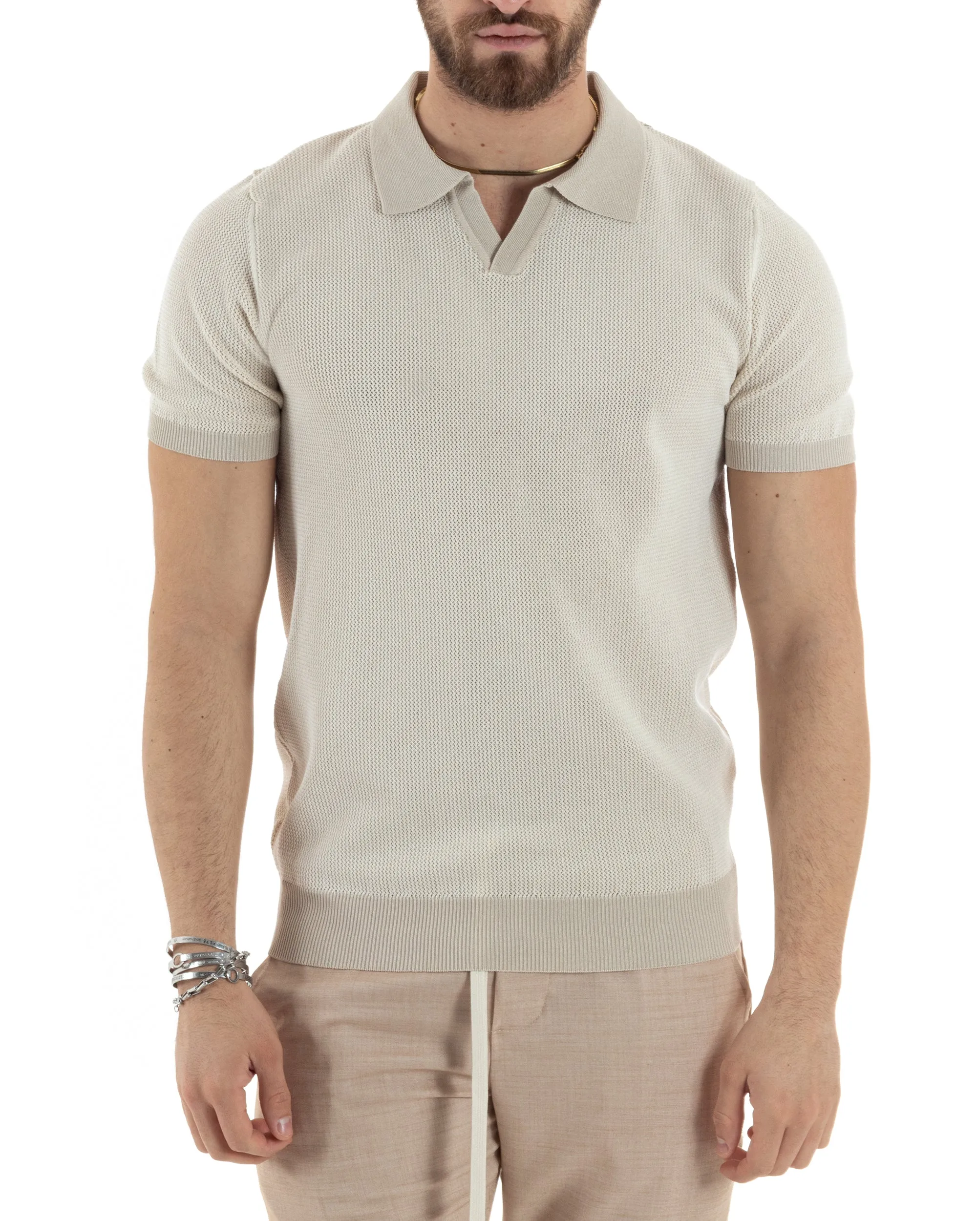 T-Shirt Uomo Maglia In Filo Maglia Con Colletto Polo Scollo V Casual Basic Beige GIOSAL-TS2984A