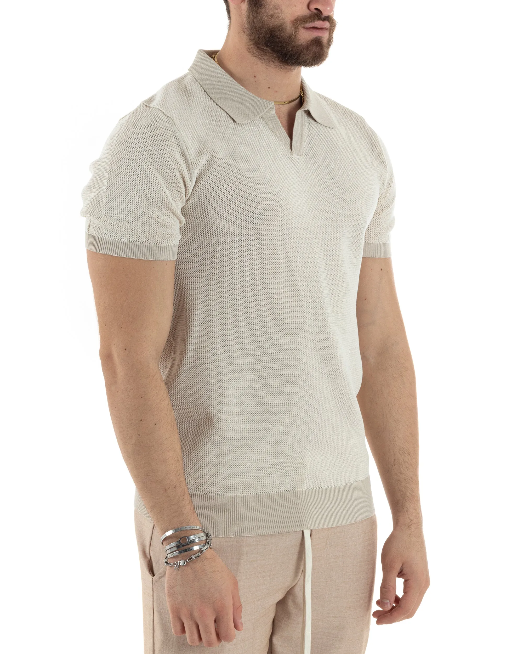 T-Shirt Uomo Maglia In Filo Maglia Con Colletto Polo Scollo V Casual Basic Beige GIOSAL-TS2984A