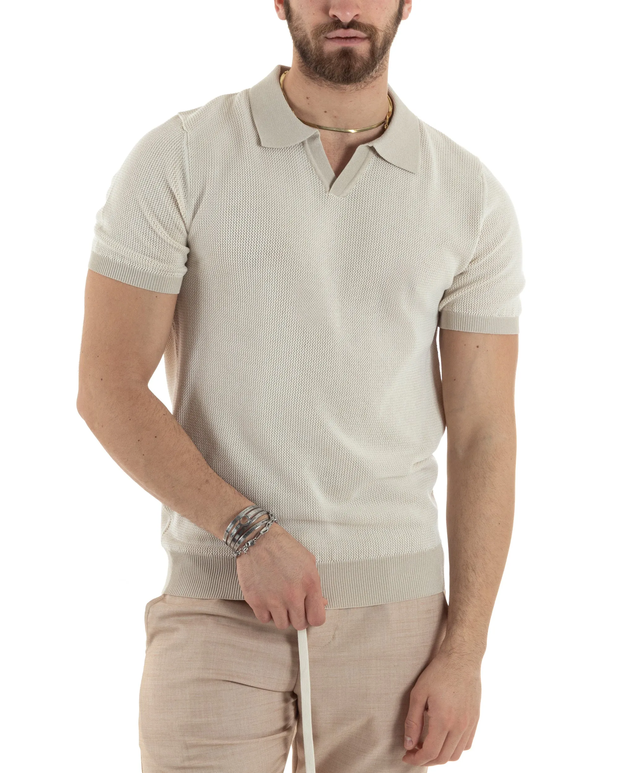 T-Shirt Uomo Maglia In Filo Maglia Con Colletto Polo Scollo V Casual Basic Beige GIOSAL-TS2984A