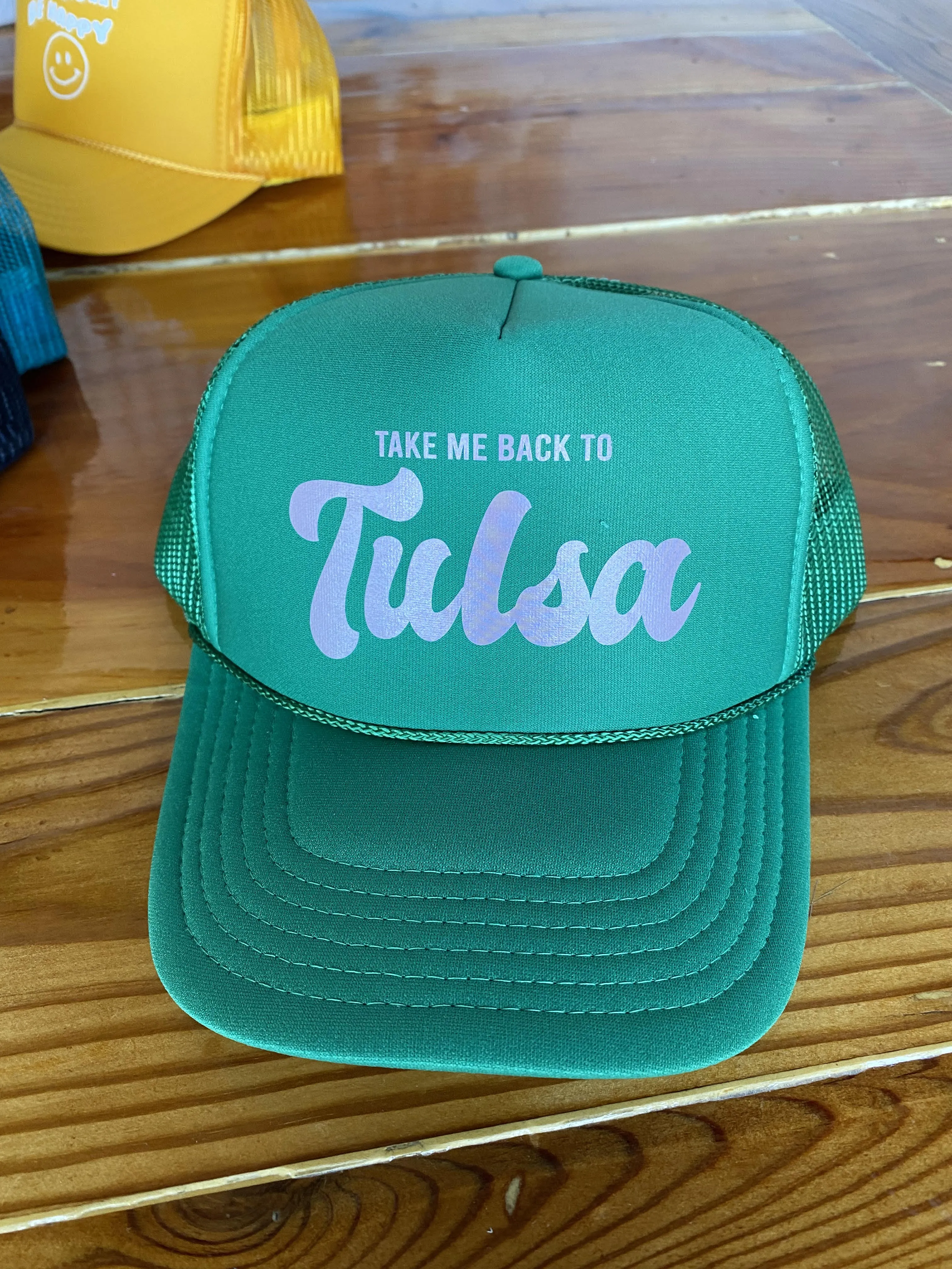 Take Me Back To Tulsa Embroidered Green Trucker Hat