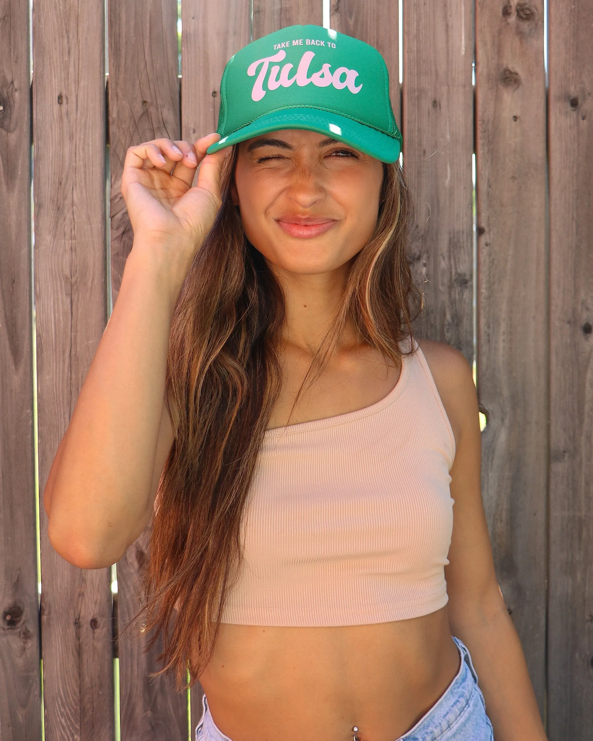 Take Me Back To Tulsa Embroidered Green Trucker Hat