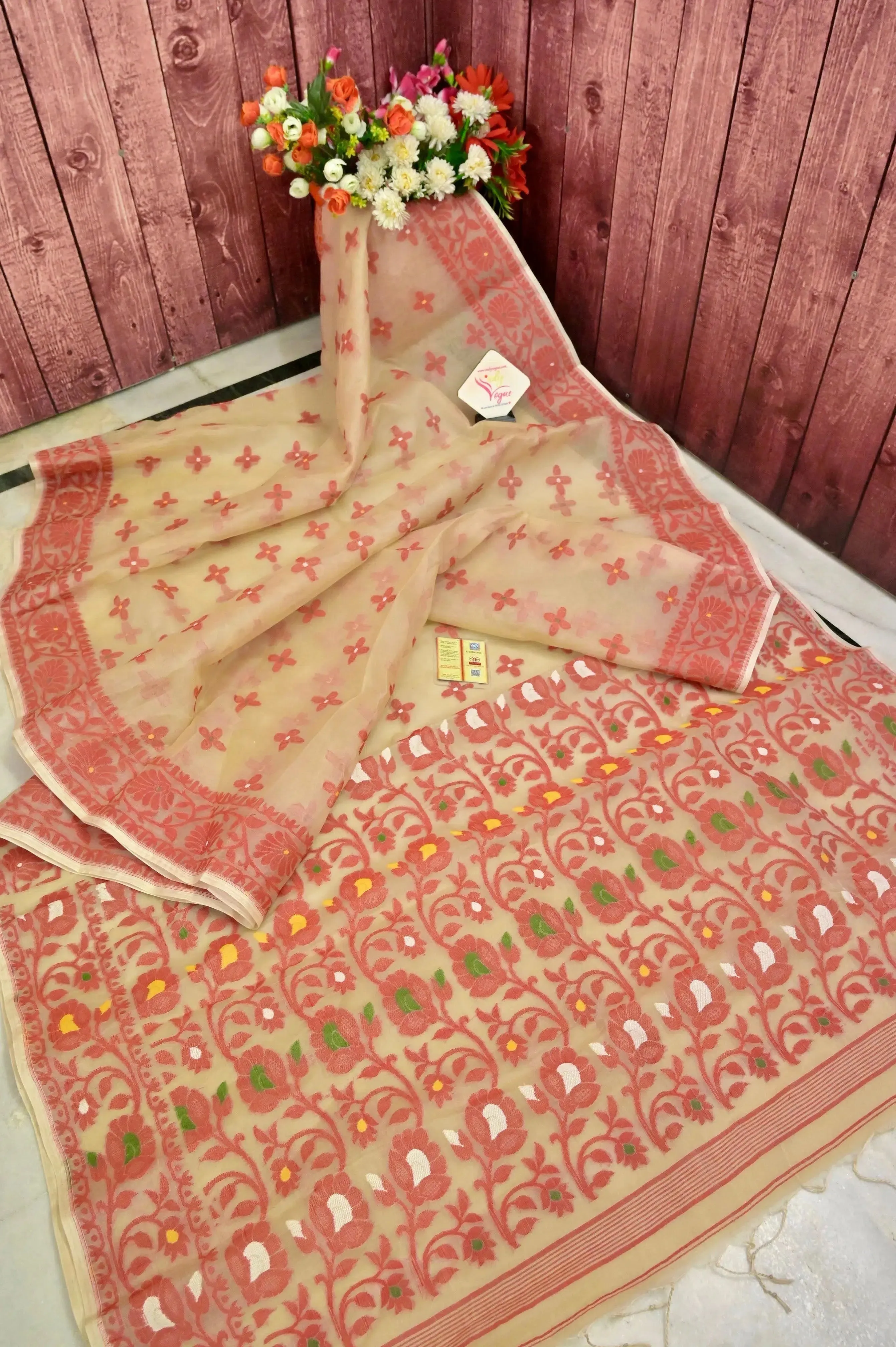 Tussar and Red Color Muslin Jamdani Saree