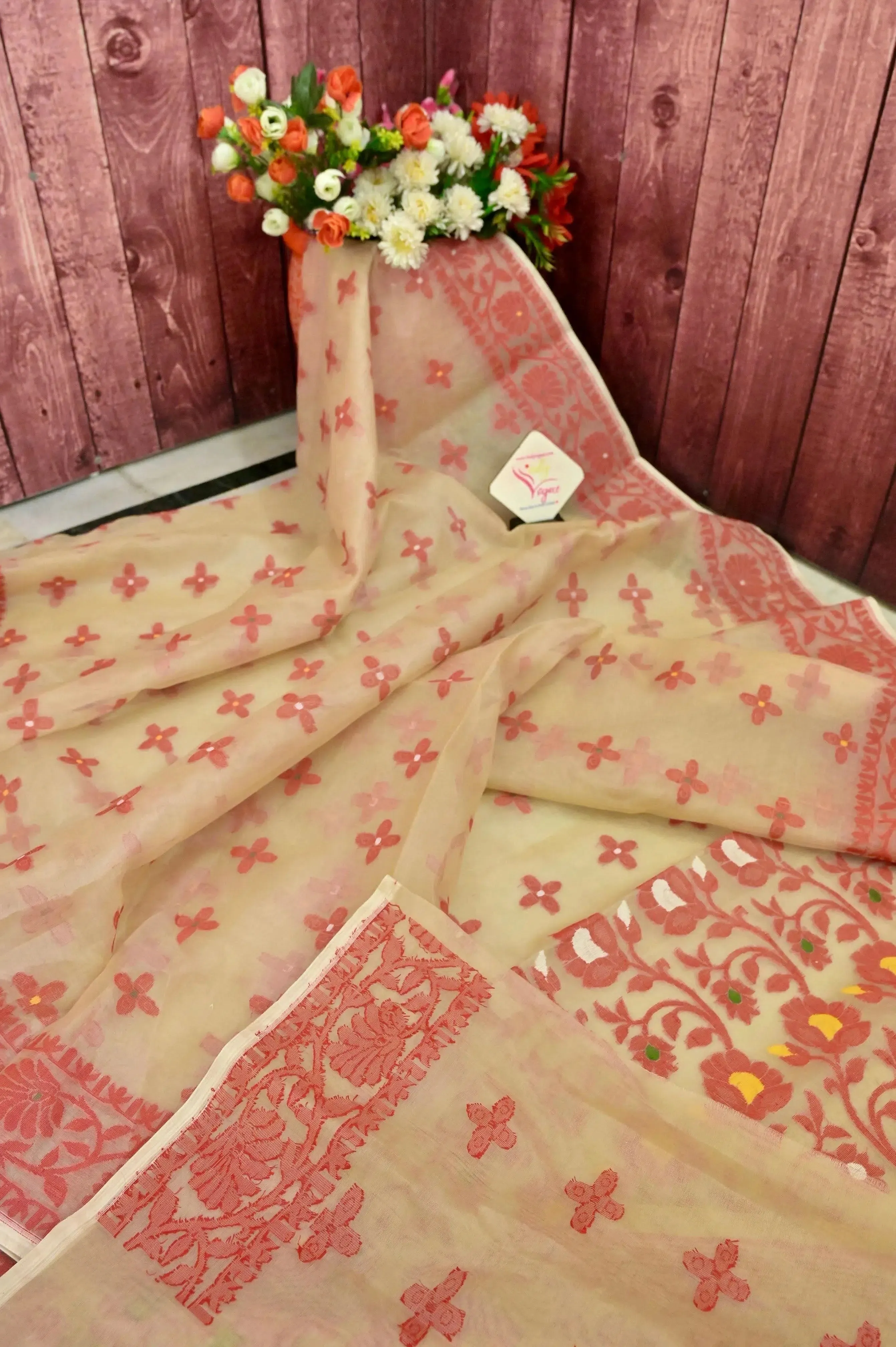 Tussar and Red Color Muslin Jamdani Saree