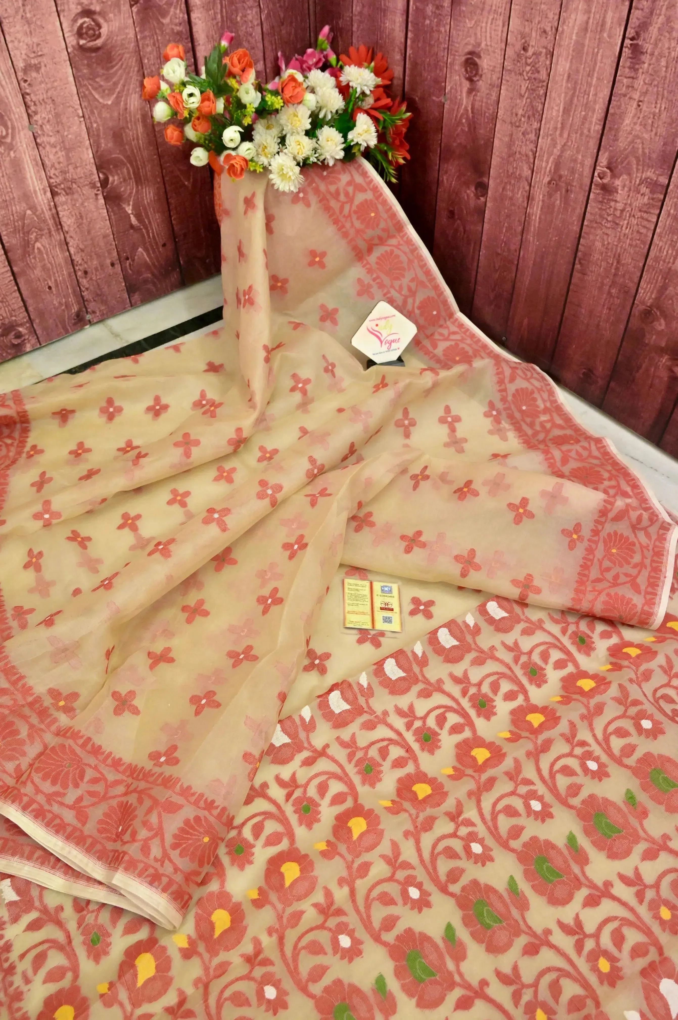 Tussar and Red Color Muslin Jamdani Saree