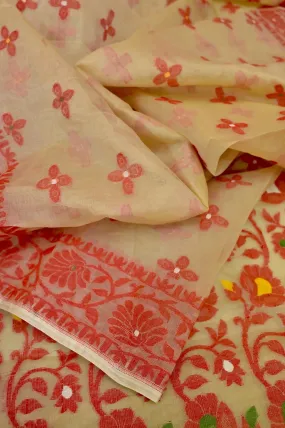 Tussar and Red Color Muslin Jamdani Saree