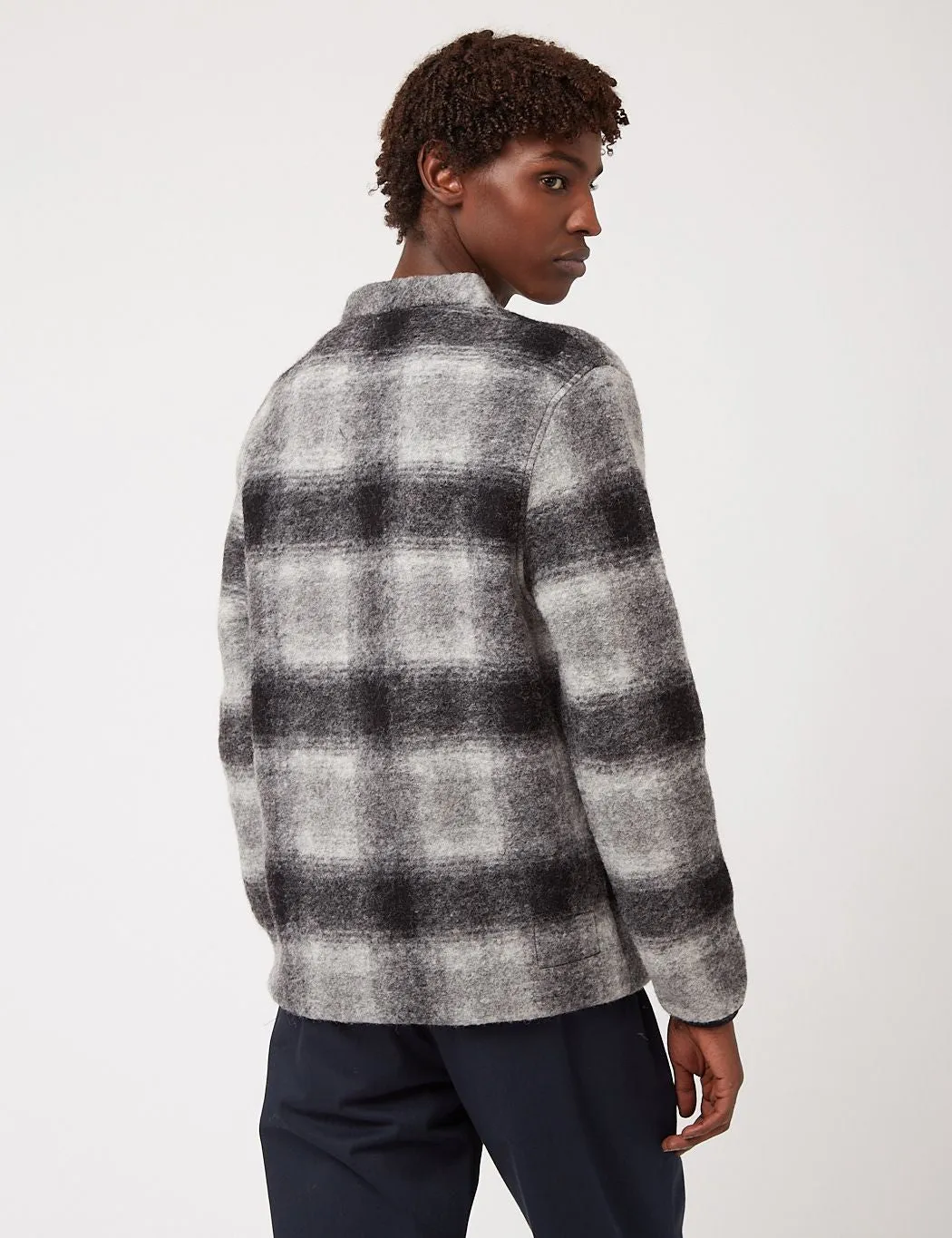 Universal Works Cardigan (Checked Wool Fleece) - Grey/Charcoal