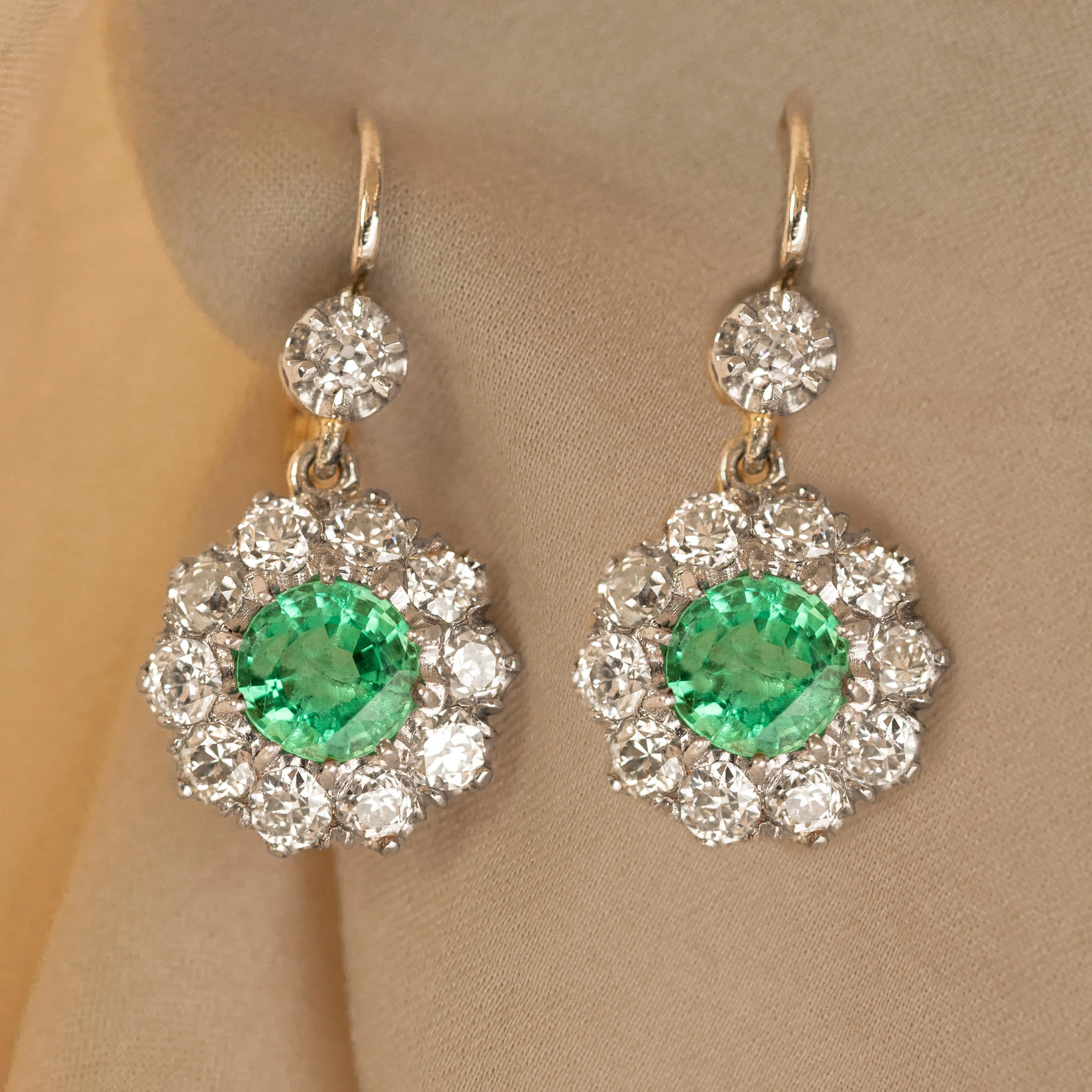 Victorian Inspired Round Emerald Diamond Drop Earrings