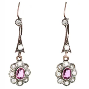 Victorian Oval Natural Pink Sapphire Old European Diamond Drop Earrings