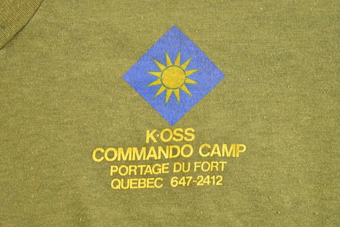 Vintage 1970s K OSS Commando Camp Quebec Graphic T-Shirt / Streetwear / Single Stitch / Portage Du Fort Military / 70s Graphic V Neck Tee