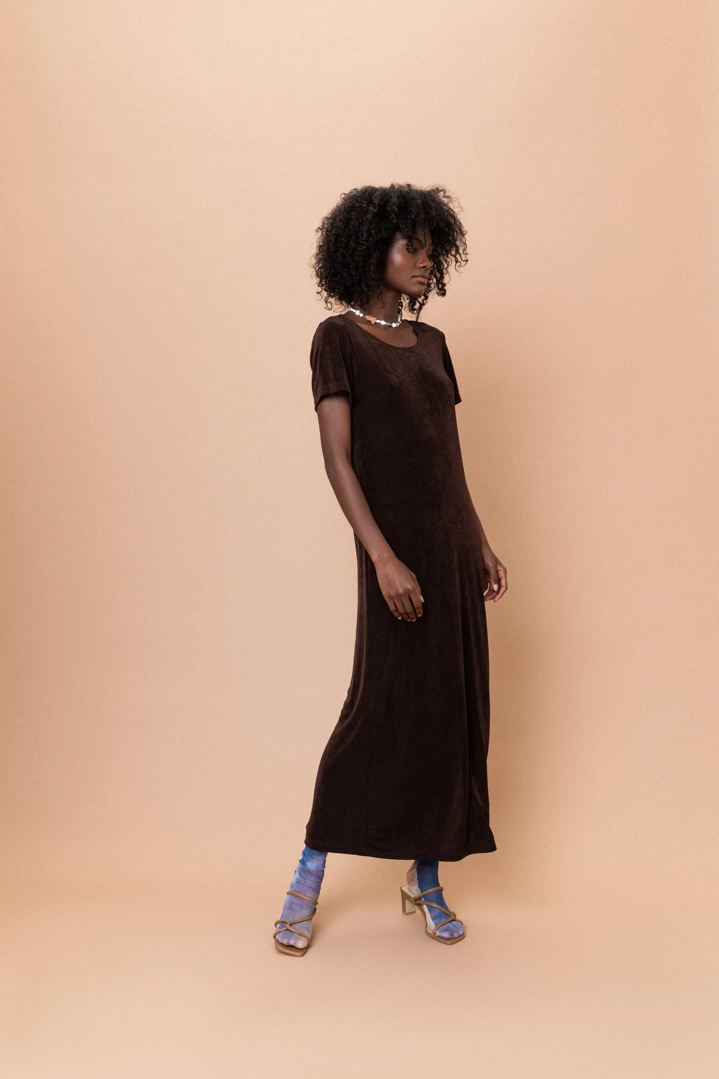 Vintage Chocolate Slinky Maxi Dress (S)