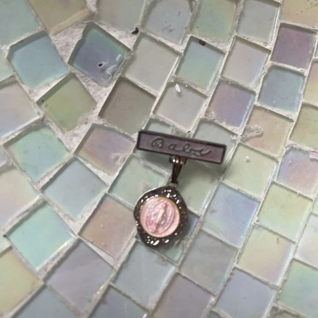 Vintage Tiny Regina SS Pink Pearl Baby Badge Religious Pin