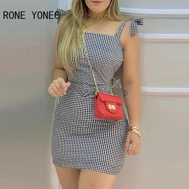 Women Elegant Dress Tied Shoulder Plaid Mini Dress With Waist Belt  Casual Dress Summer Dress