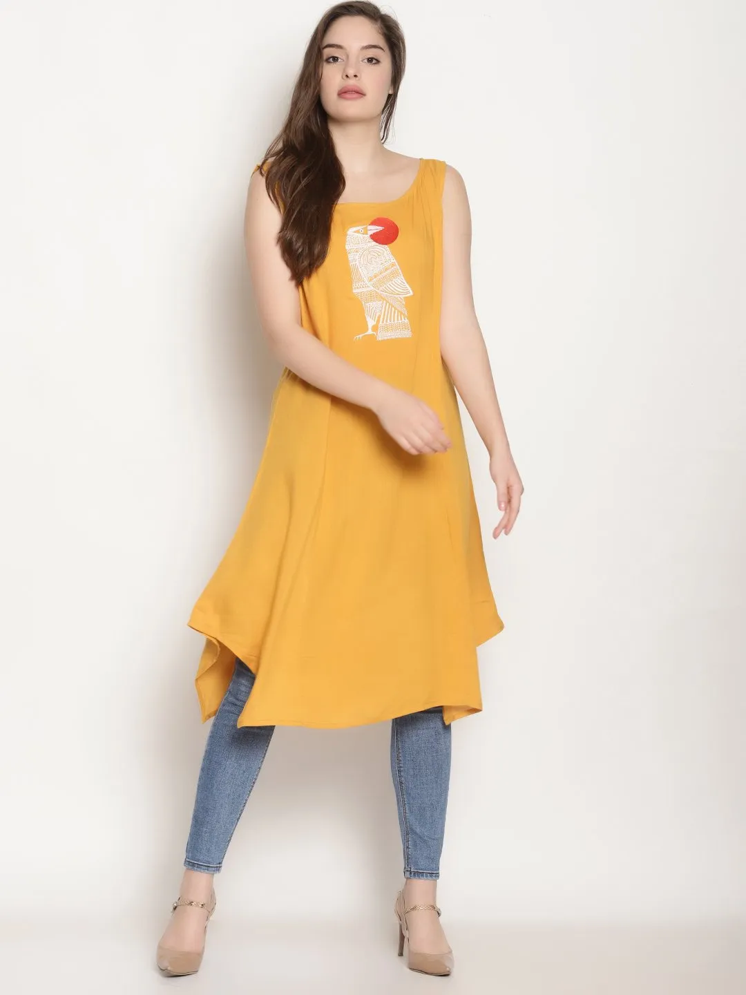 Yellow Embroidered Asymmetrical Kurta