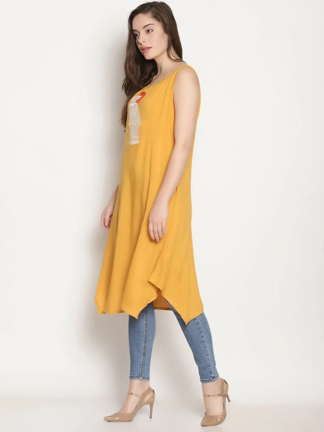 Yellow Embroidered Asymmetrical Kurta