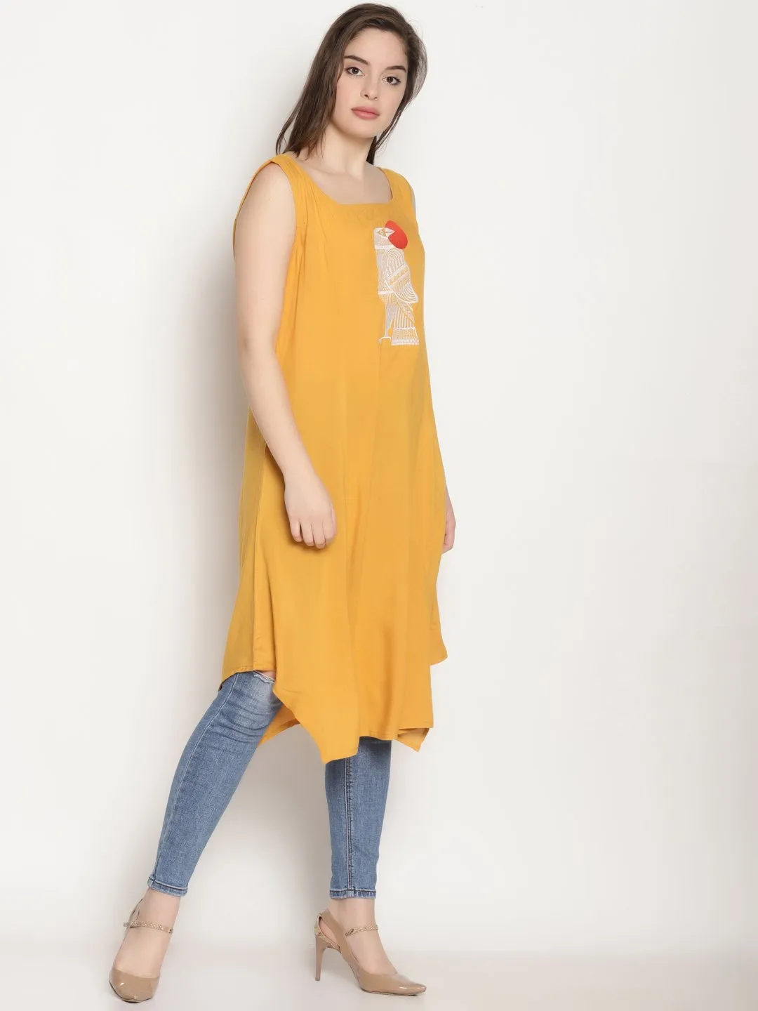 Yellow Embroidered Asymmetrical Kurta