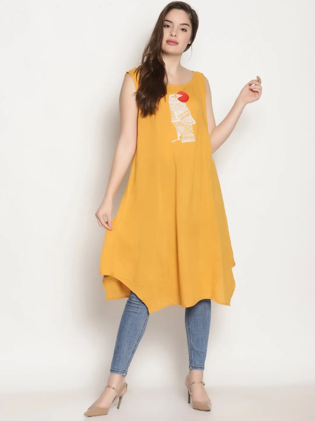 Yellow Embroidered Asymmetrical Kurta